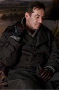 Jason Isaacs wearing Burberry Check collar trench coat & Burberry Check gloves