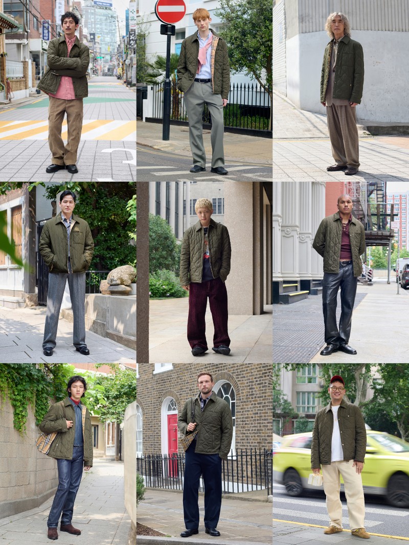 Galerie de 9 photos présentant un mélange de personnalités et d'employés Burberry portant la surchemise Brighton réversible matelassée en nylon coloris vert Shale