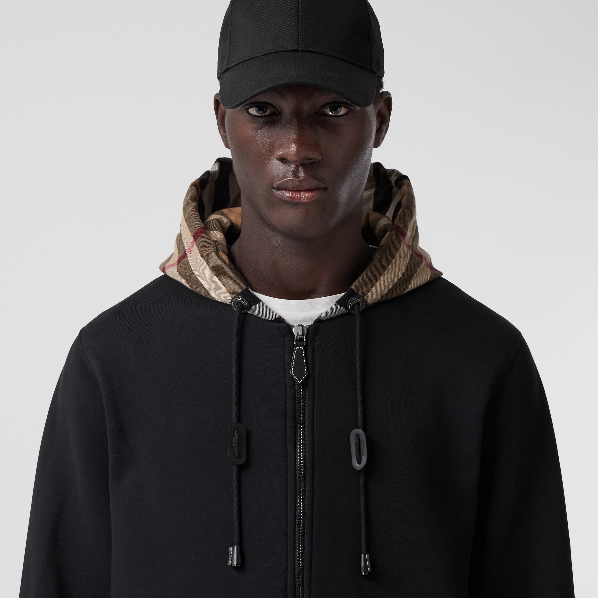 Check Hood Cotton Blend Hooded Top in Black/birch Brown | Burberry® Official
