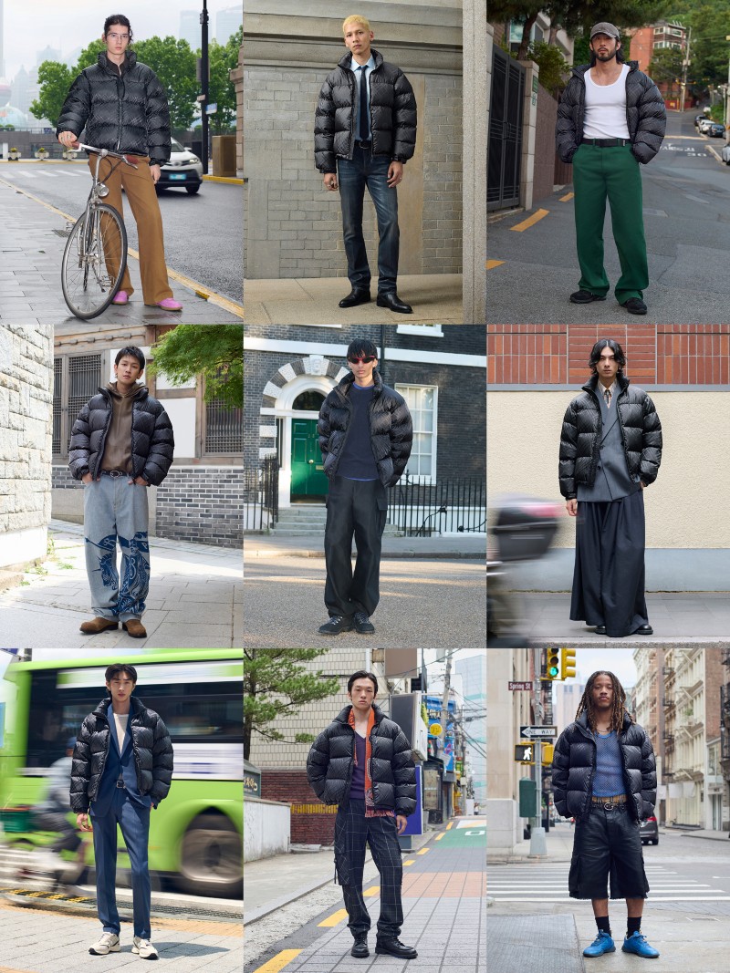 Grid of 9 Shots of a mixture of personalities & Burberry employees wearing the Check Nylon Highlands Puffer Jacket in Black