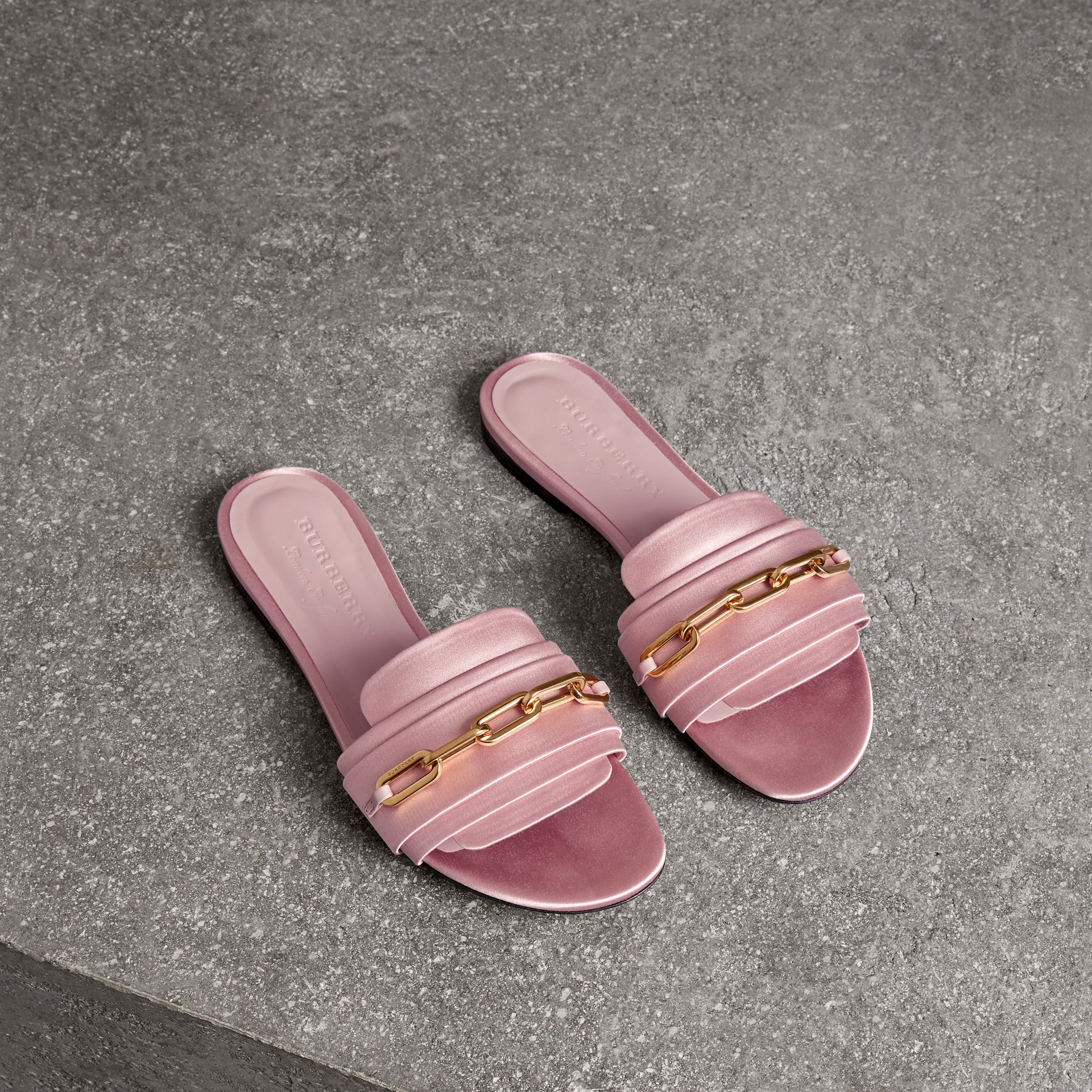 link detail satin and leather slides in light pink melange women
