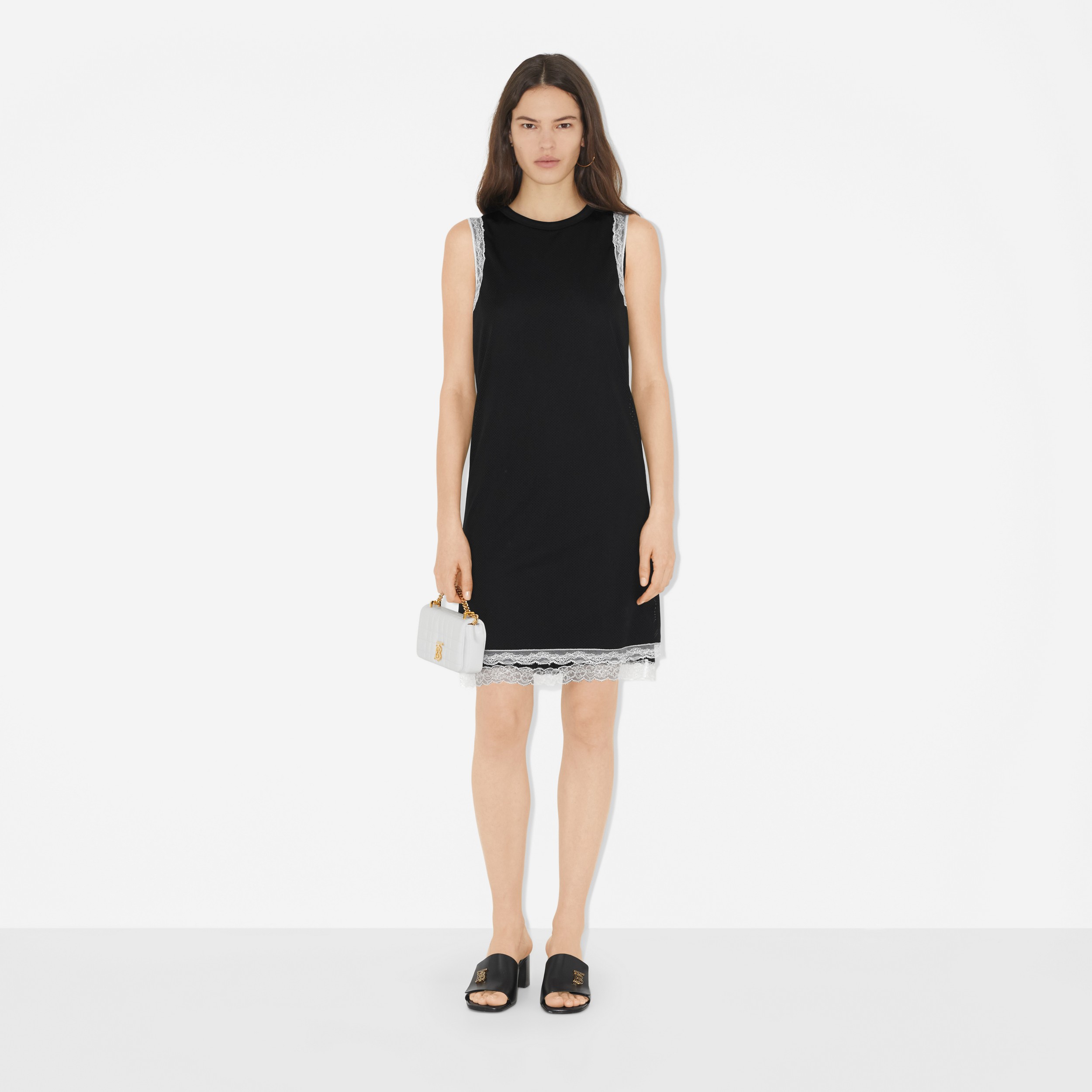 Sleeveless Lace Trim Mesh Dress in Black - Women | Burberry® Official - 2