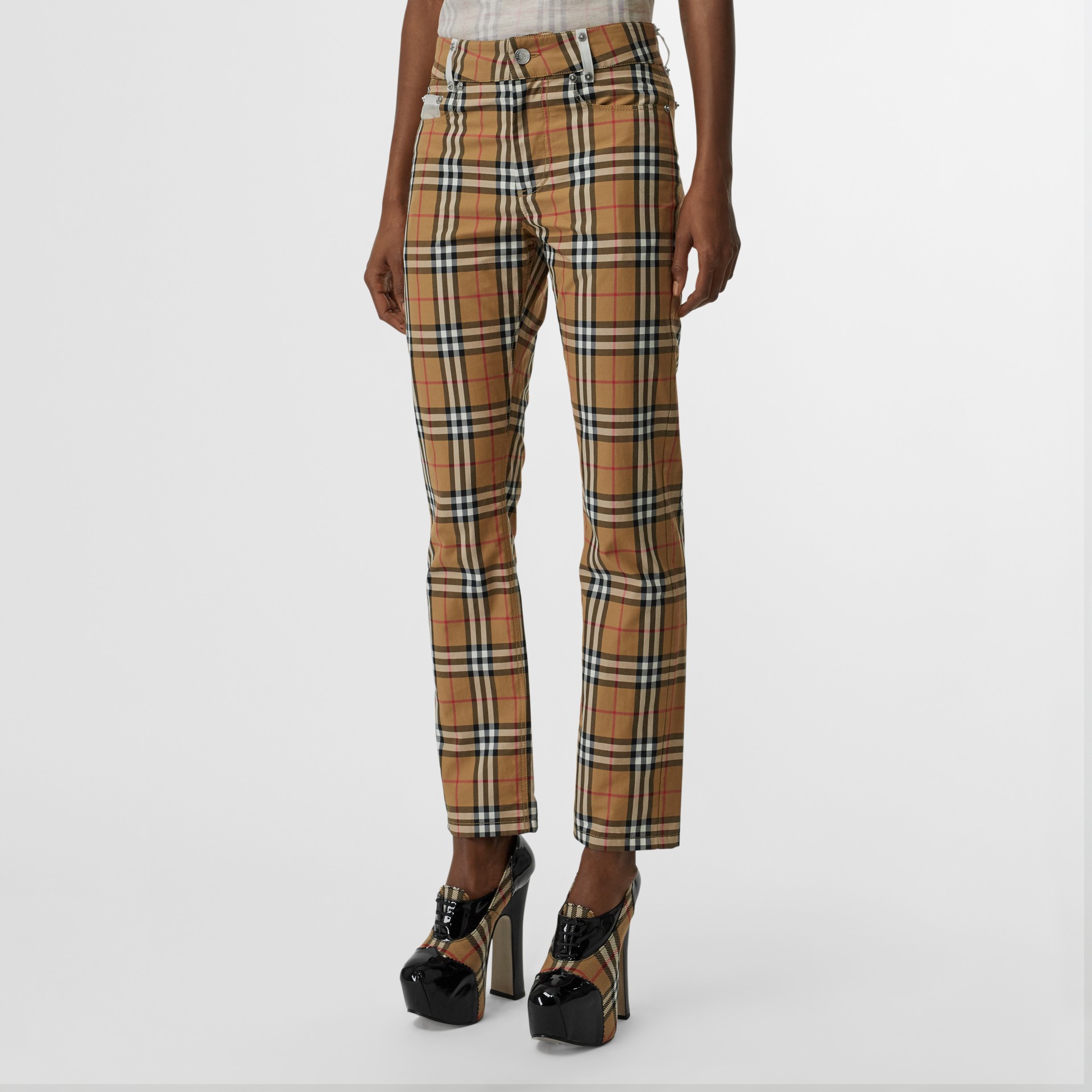 Zip Detail Vintage Check Cotton Trousers in Antique Yellow - Women ...