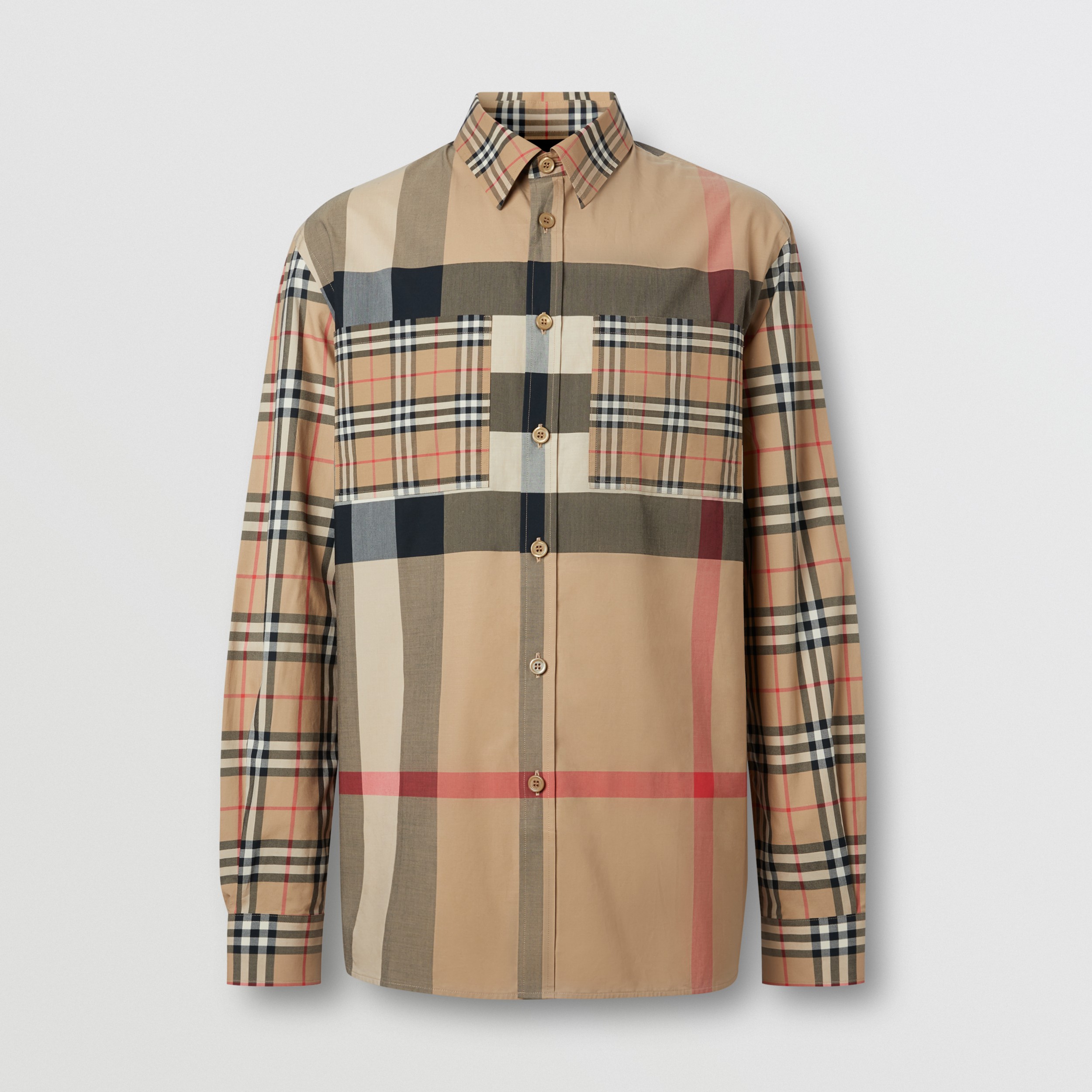 Patchwork Check Stretch Cotton Oversized Shirt in Archive Beige | Burberry