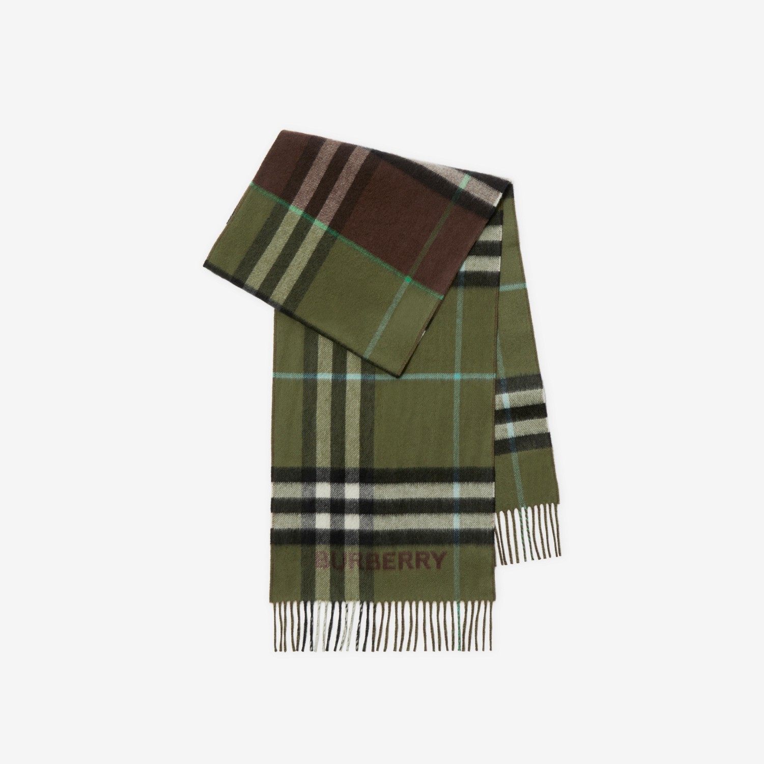 对比感格纹羊绒围巾 (棕色 / 灌木绿) | Burberry® 博柏利官网
