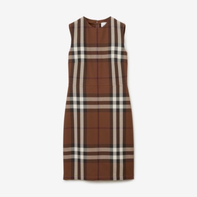 Sleeveless Check Wool Cotton Jacquard Dress in Dark Birch Brown - Women |  Burberry® Official
