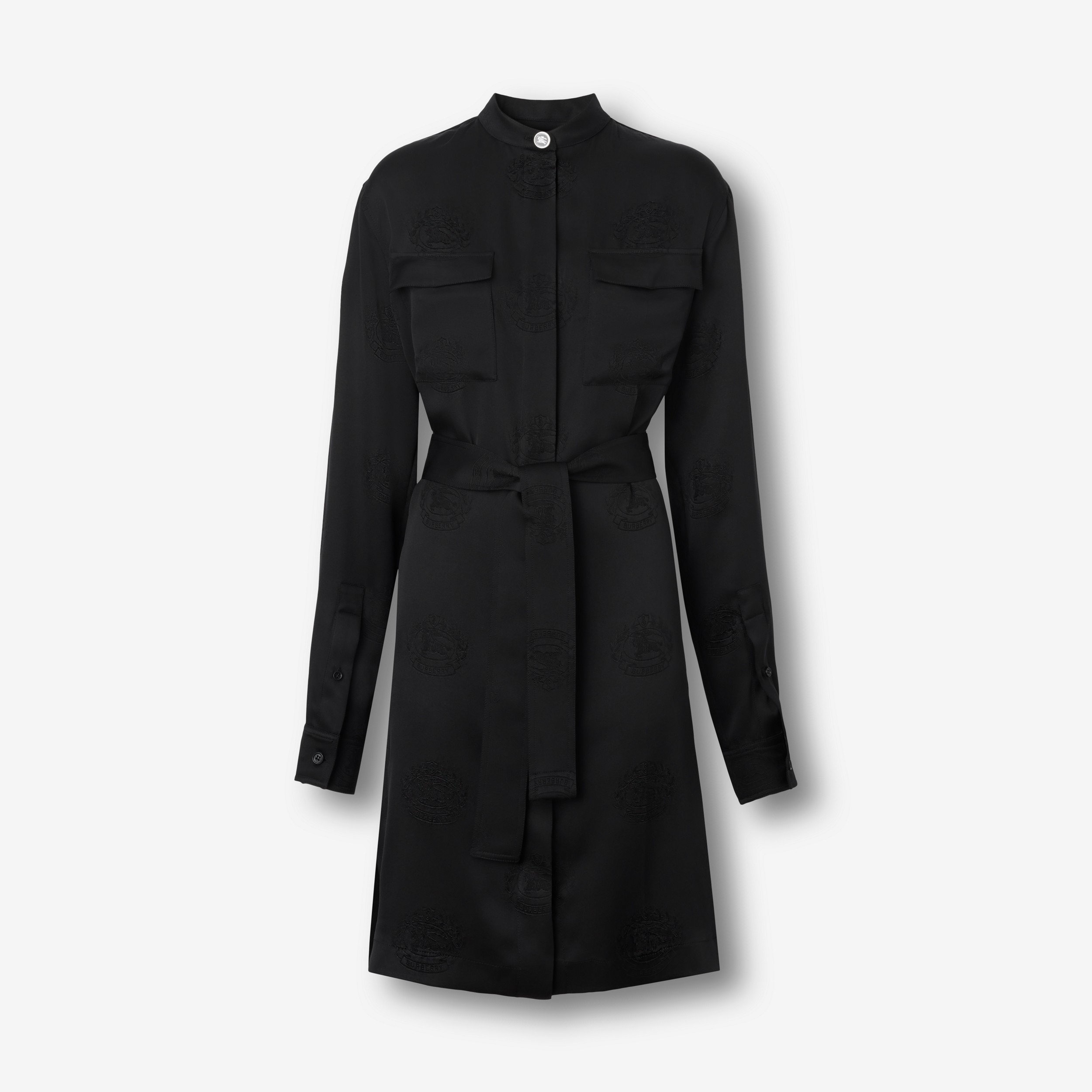 Robe chemise ceinturée en satin de soie avec emblème du Cavalier (Noir) - Femme | Site officiel Burberry® - 1