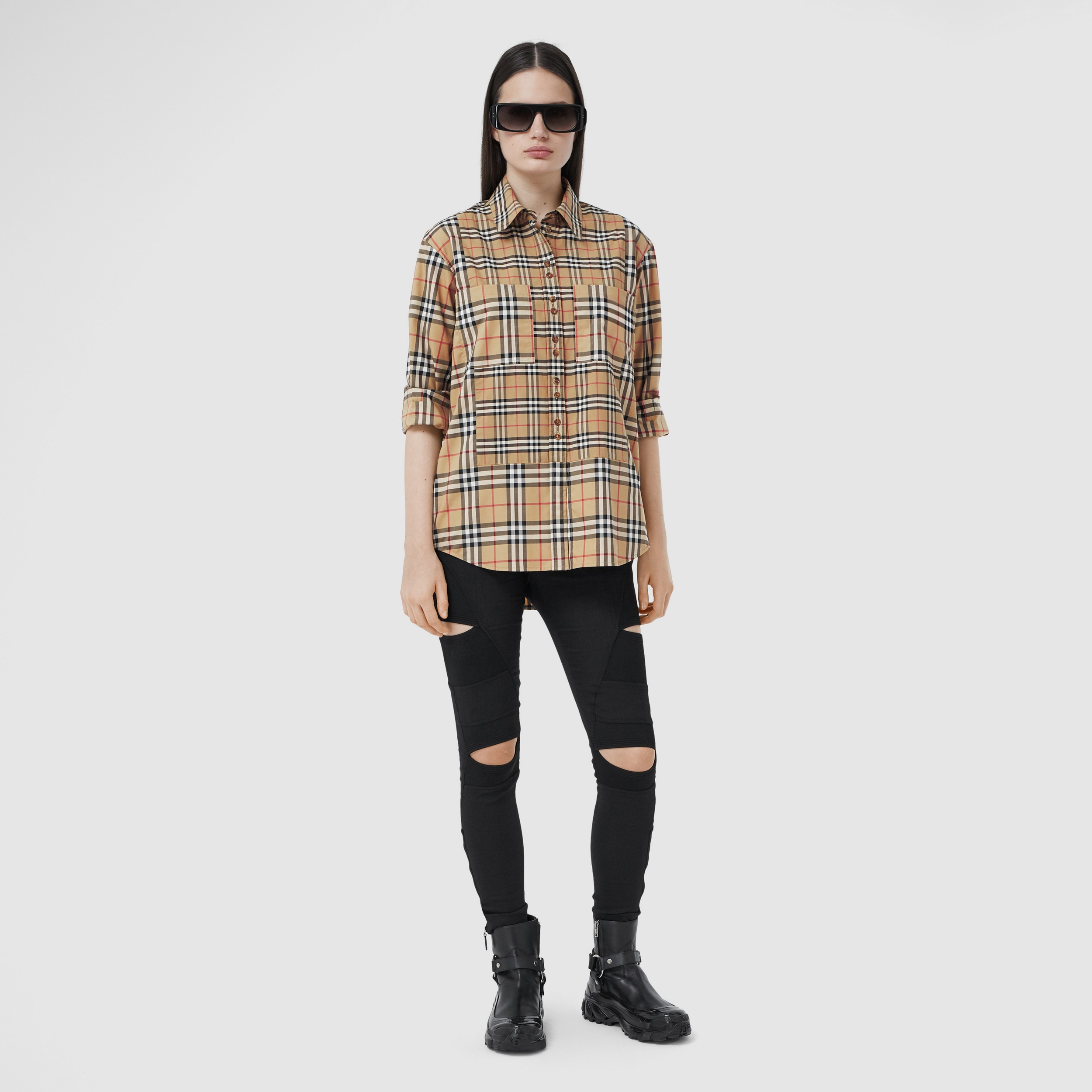 Contrast Check Stretch Cotton Shirt in Archive Beige - Women | Burberry ...