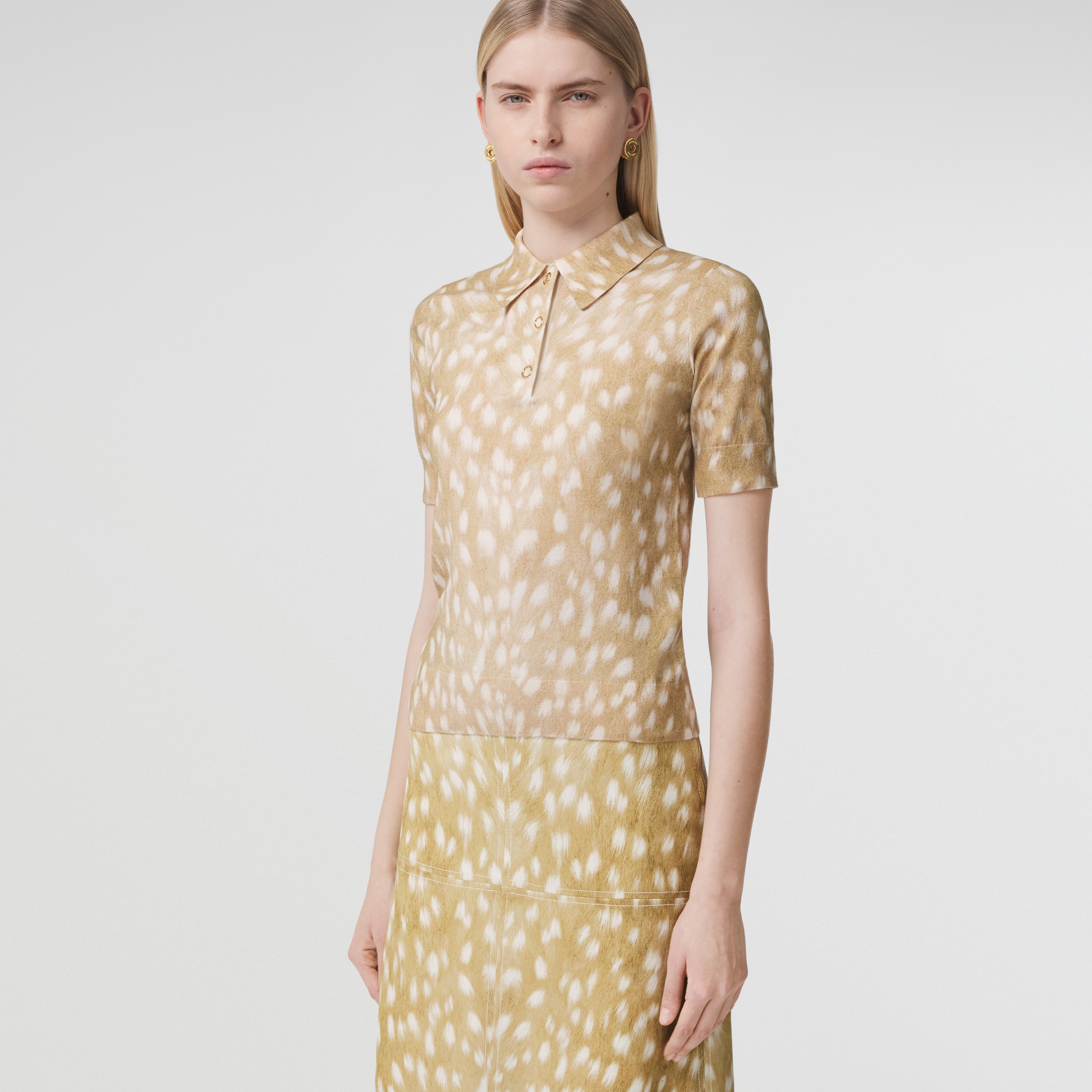 Deer Print Cotton Cashmere Polo Shirt in Honey - Women | Burberry® Official - 1