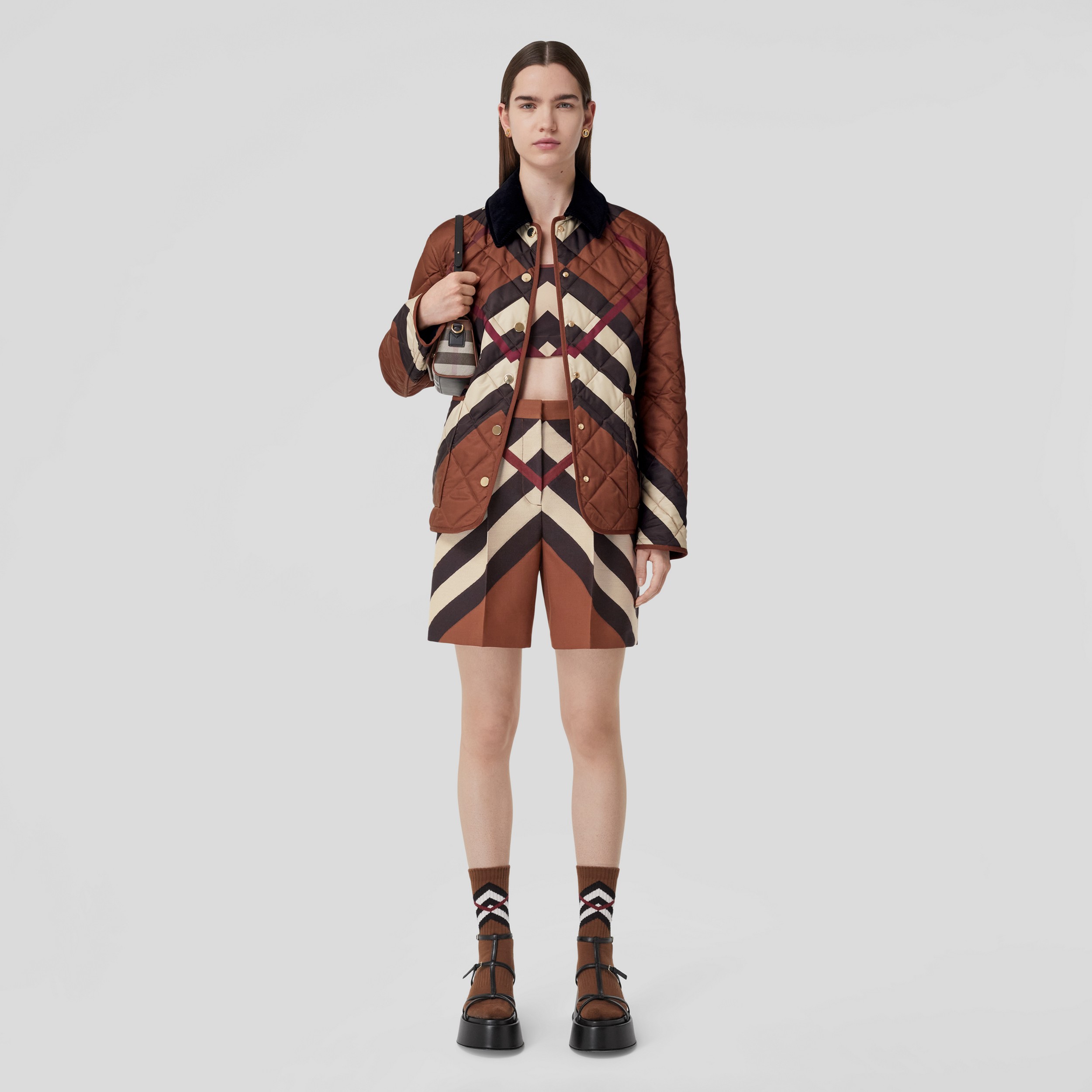 Chevron Check Wool Jacquard Tailored Shorts in Dark Birch Brown - Women | Burberry® Official - 1