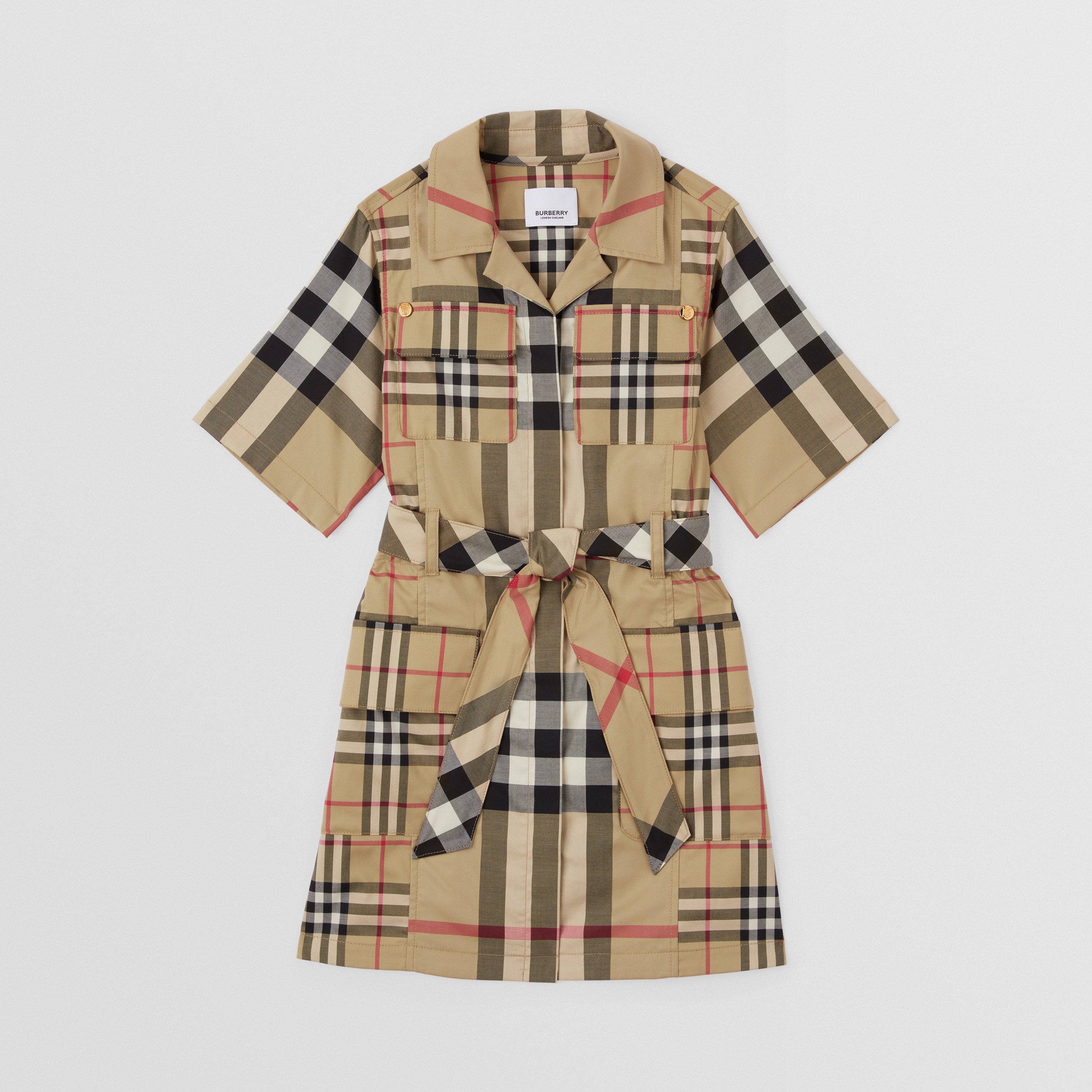 Patchwork Check Stretch Cotton Tie-waist Shirt Dress in Archive Beige | Burberry® Official - 1