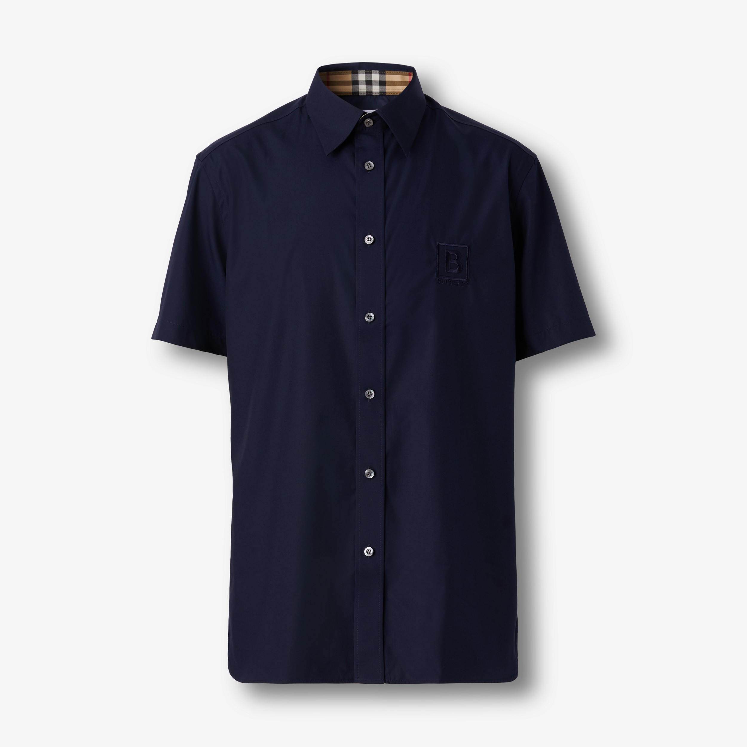 Short-sleeve Letter Graphic Stretch Cotton Shirt in Navy - Men | Burberry® Official - 1