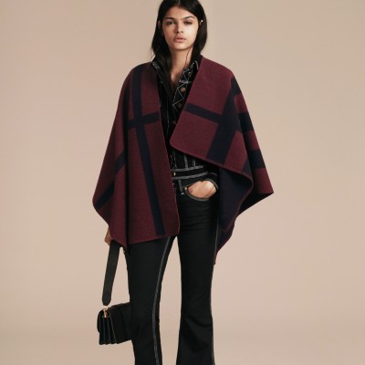 Check Wool and Cashmere Blanket Poncho Oxblood | Burberry