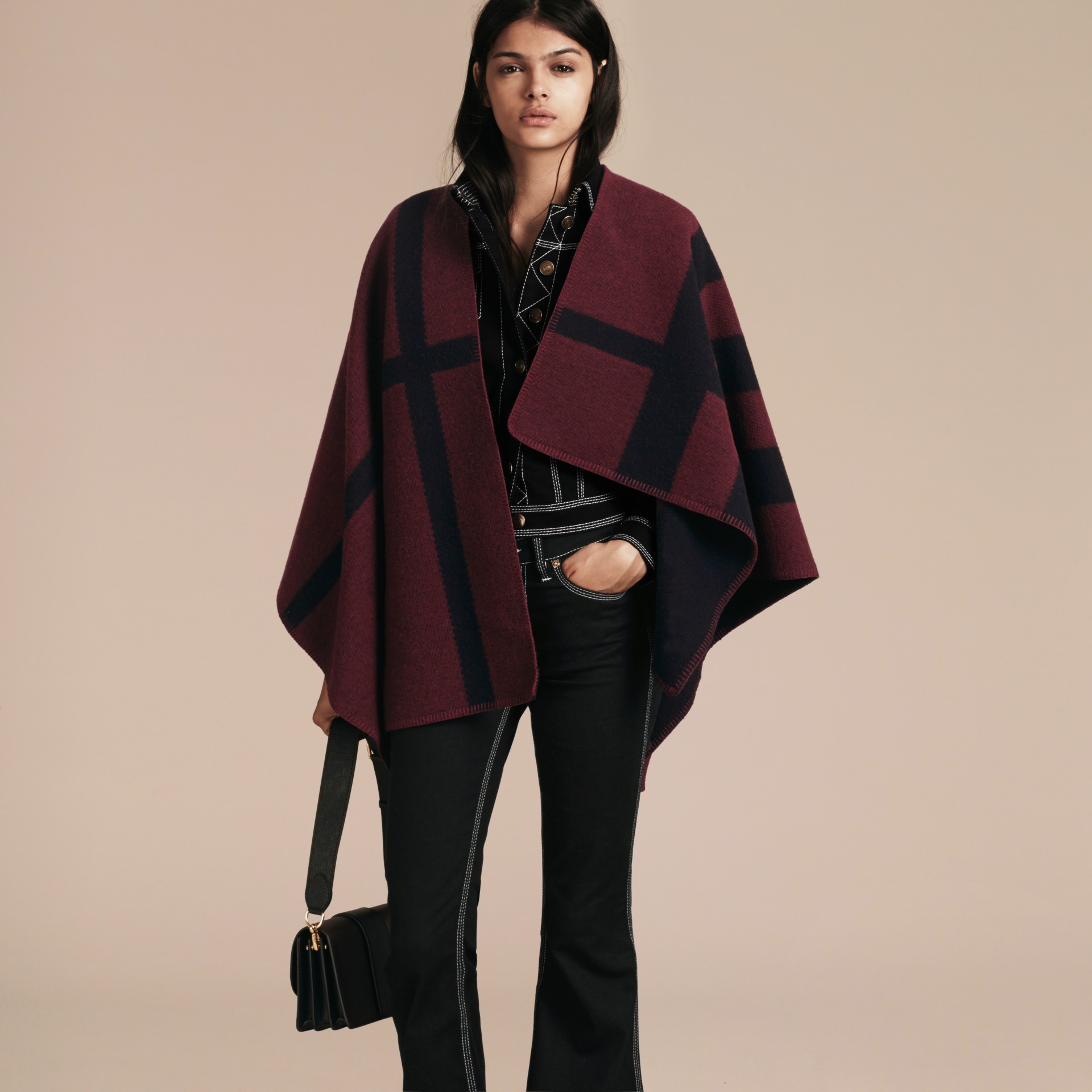 Check Wool and Cashmere Blanket Poncho Oxblood Burberry