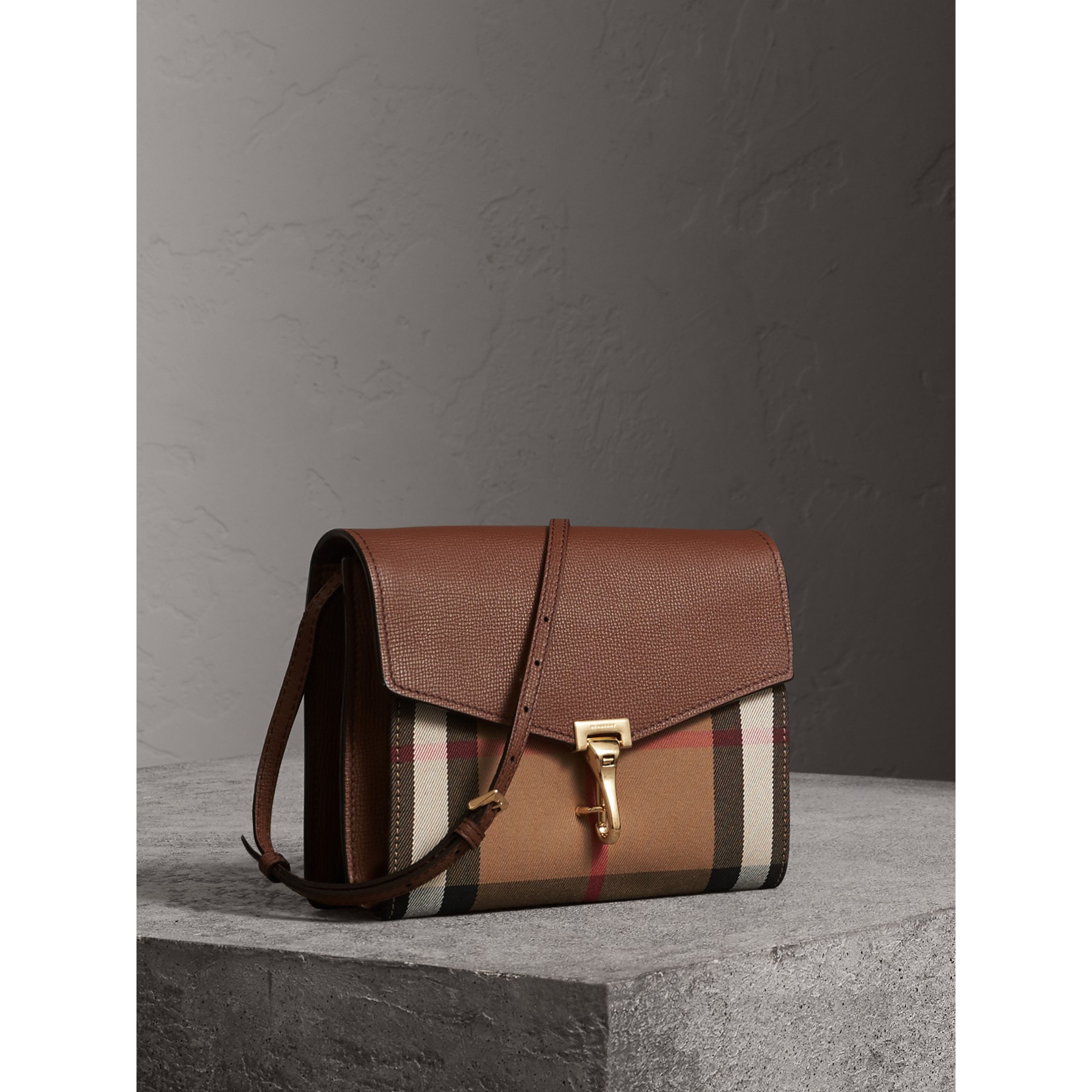 Small Leather and House Check Crossbody Bag in Tan Women Burberry