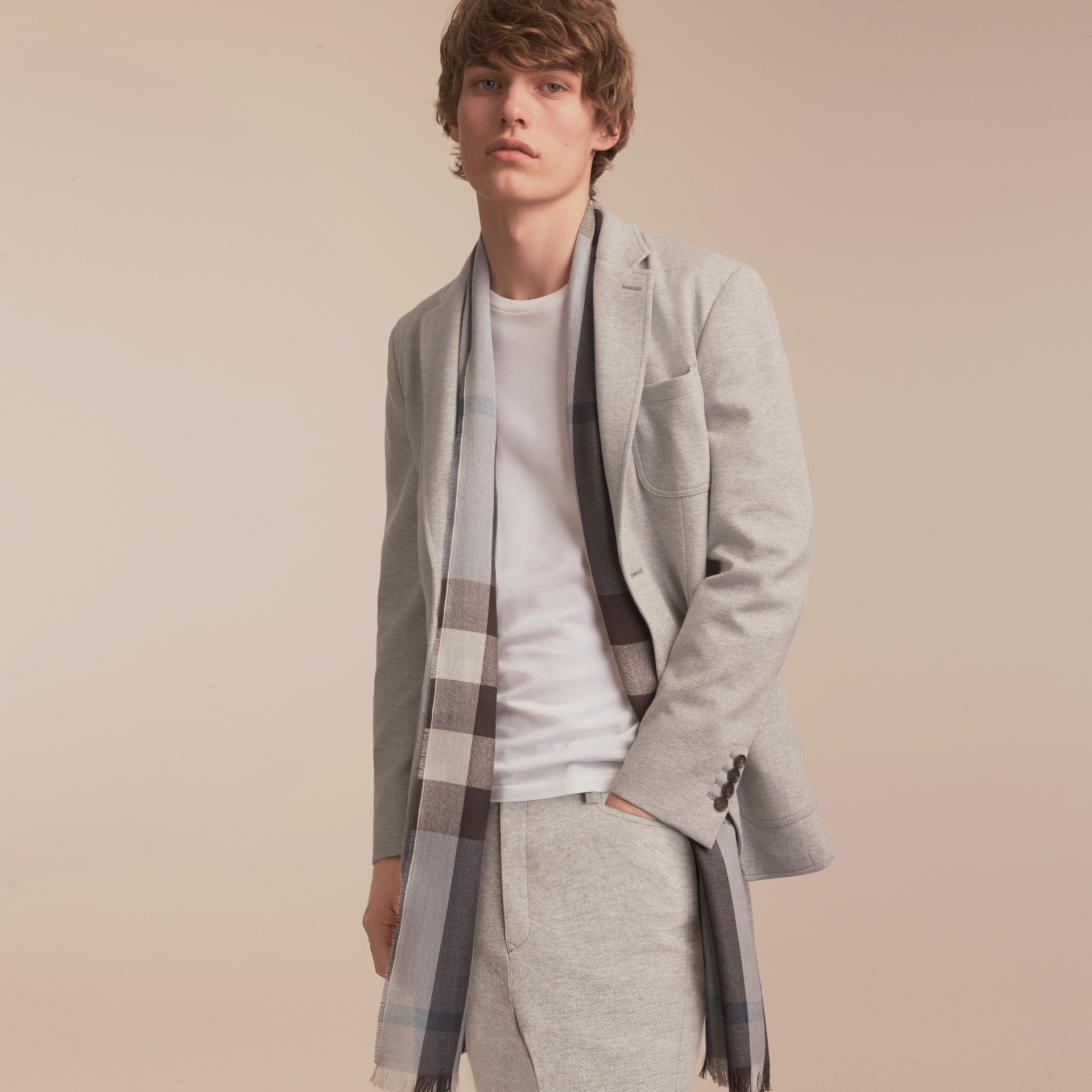 Herringbone Cotton Blend Jersey Blazer in Pale Grey Melange Men