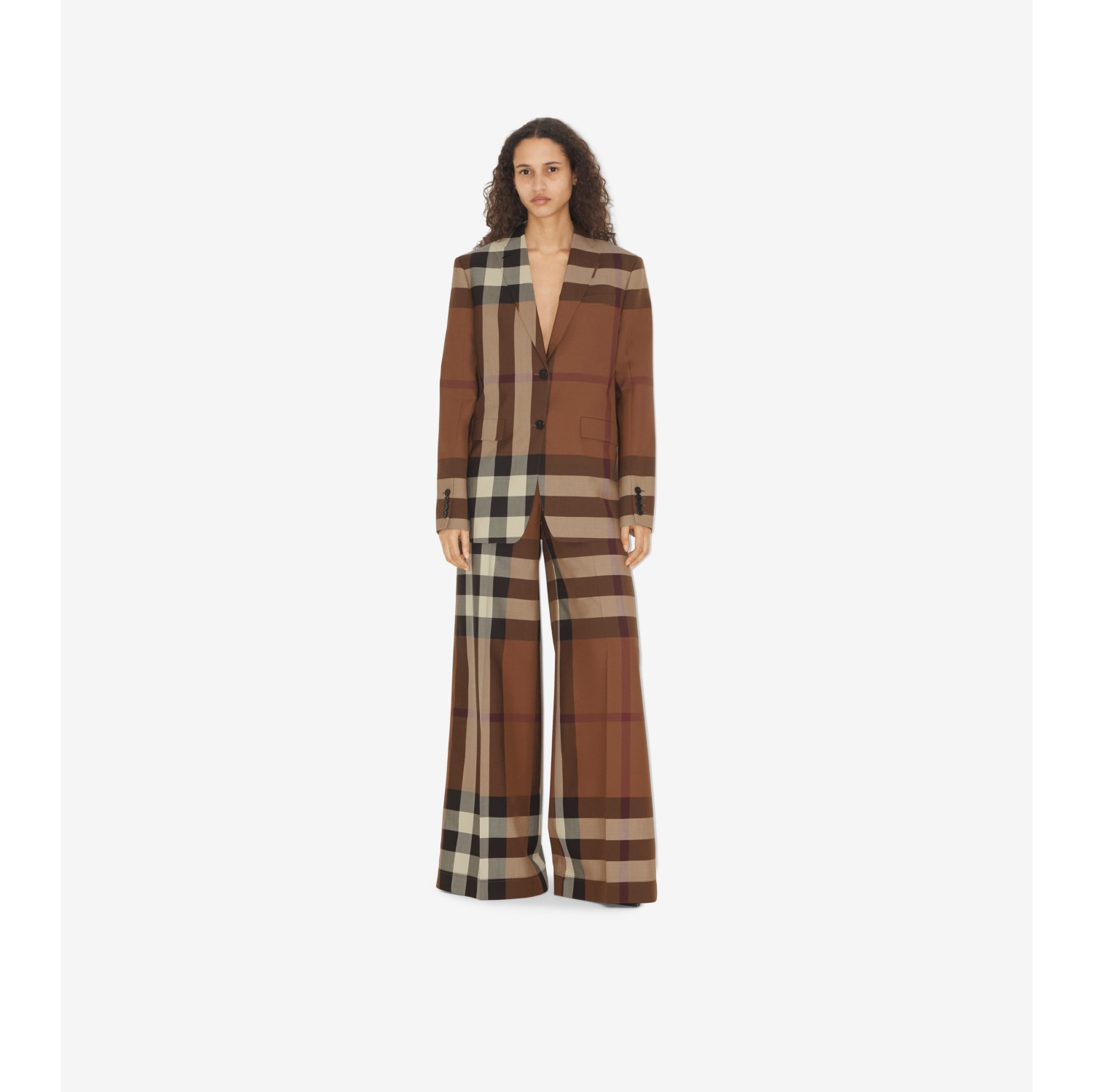 Check Wool Wide-leg Trousers in Dark Birch Brown - Women | Burberry® Official