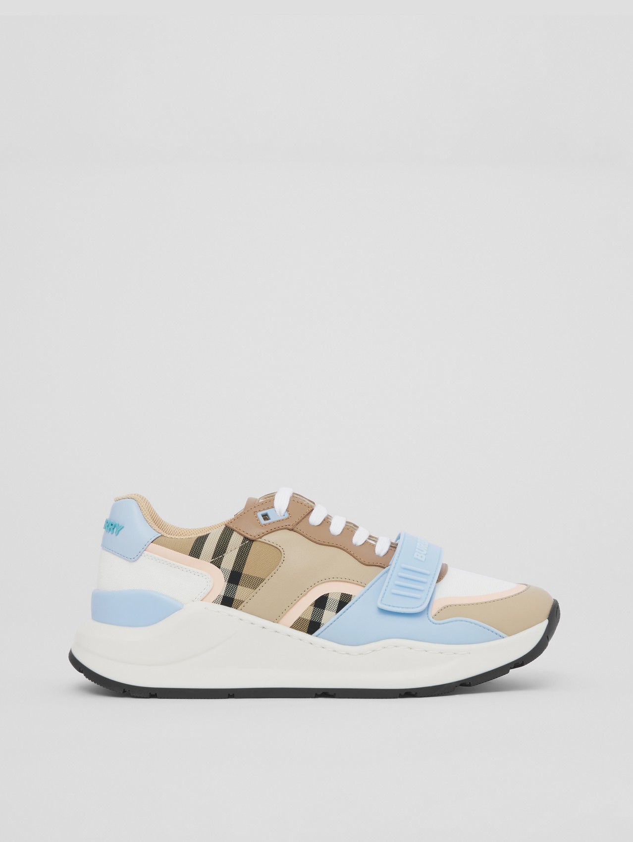 Check Cotton, Canvas and Leather Sneakers in Pale Blue/soft Fawn