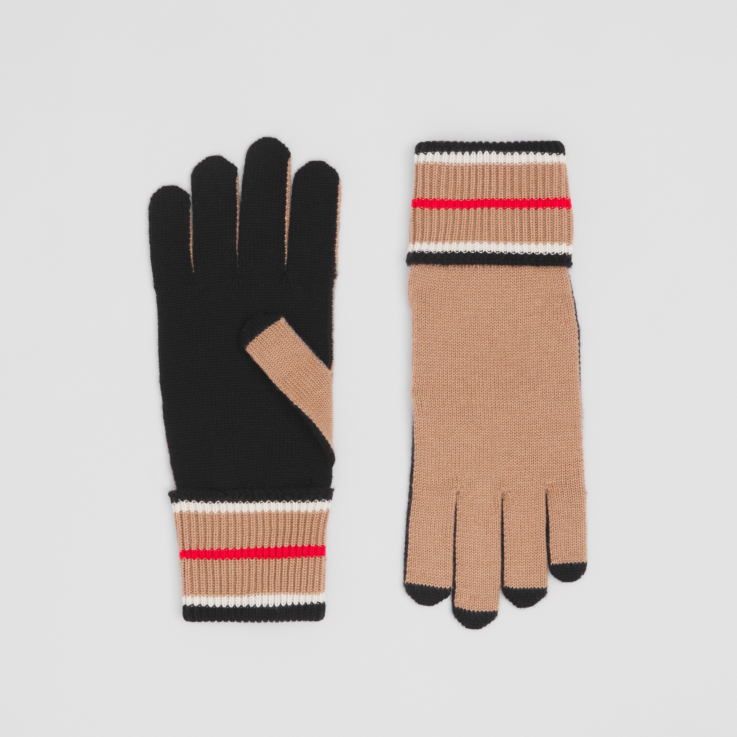 Kaschmir-Baumwoll-Handschuhe mit gestreiften Abschlüssen (Schwarz/camelfarben) | Burberry® - 1