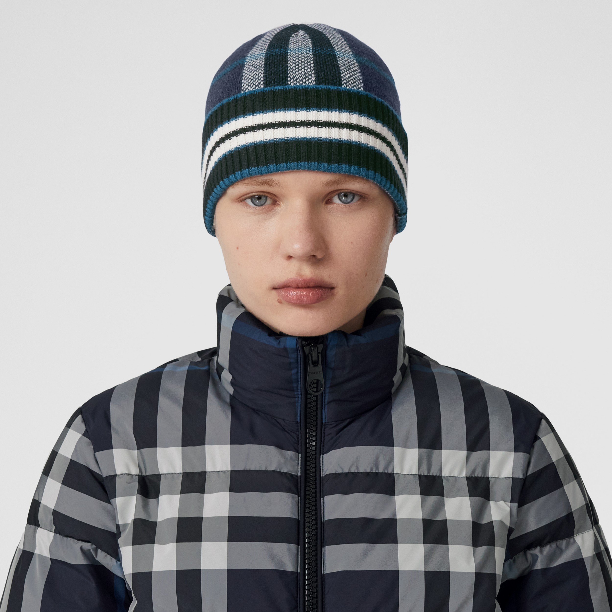 Check and Stripe Cashmere Beanie in Navy | Burberry® Official - 3
