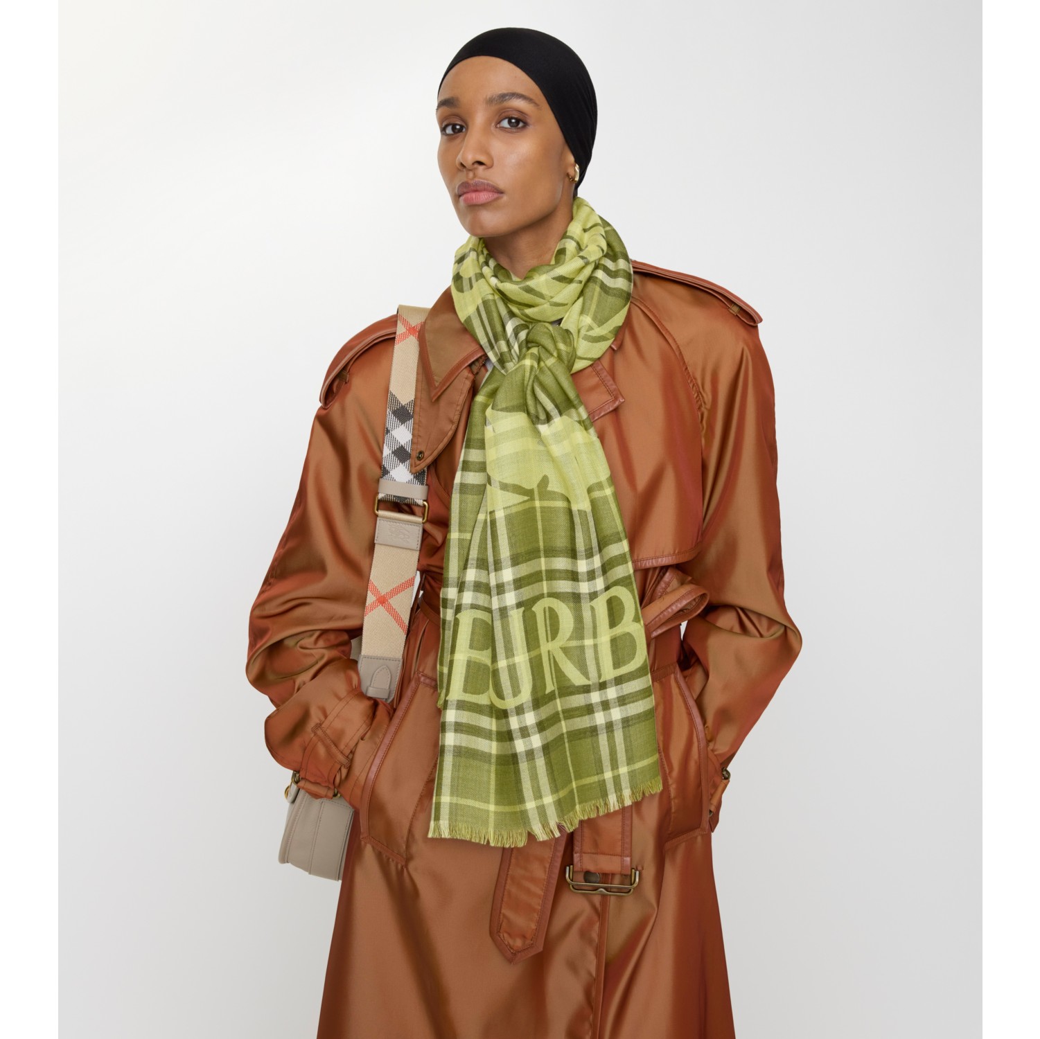 Wide EKD Check Wool Silk Scarf in Pea green | Burberry® Official