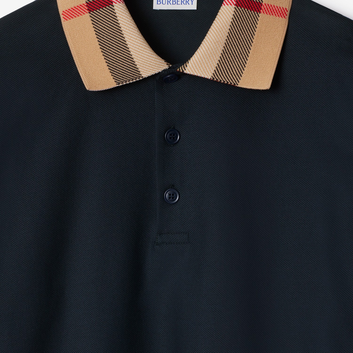 Long-sleeve Check Collar Cotton Polo Shirt in Smoked navy Long-sleeve Check Collar Cotton Polo Shirt in Smoked navy