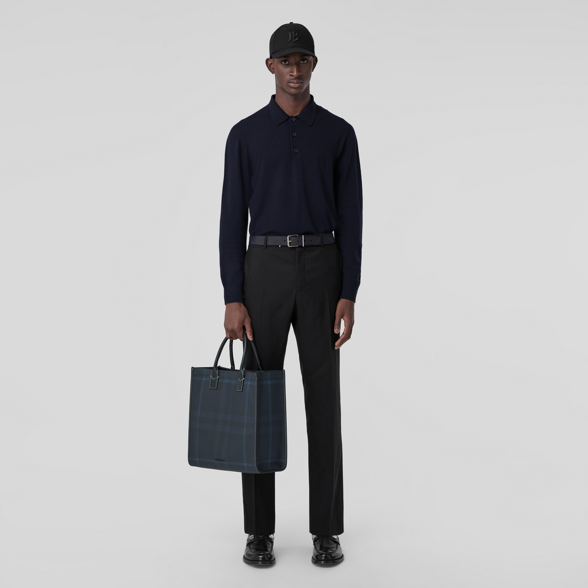 Long-sleeve Monogram Motif Wool Blend Polo Shirt in Dark Charcoal Blue - Men | Burberry® Official - 1