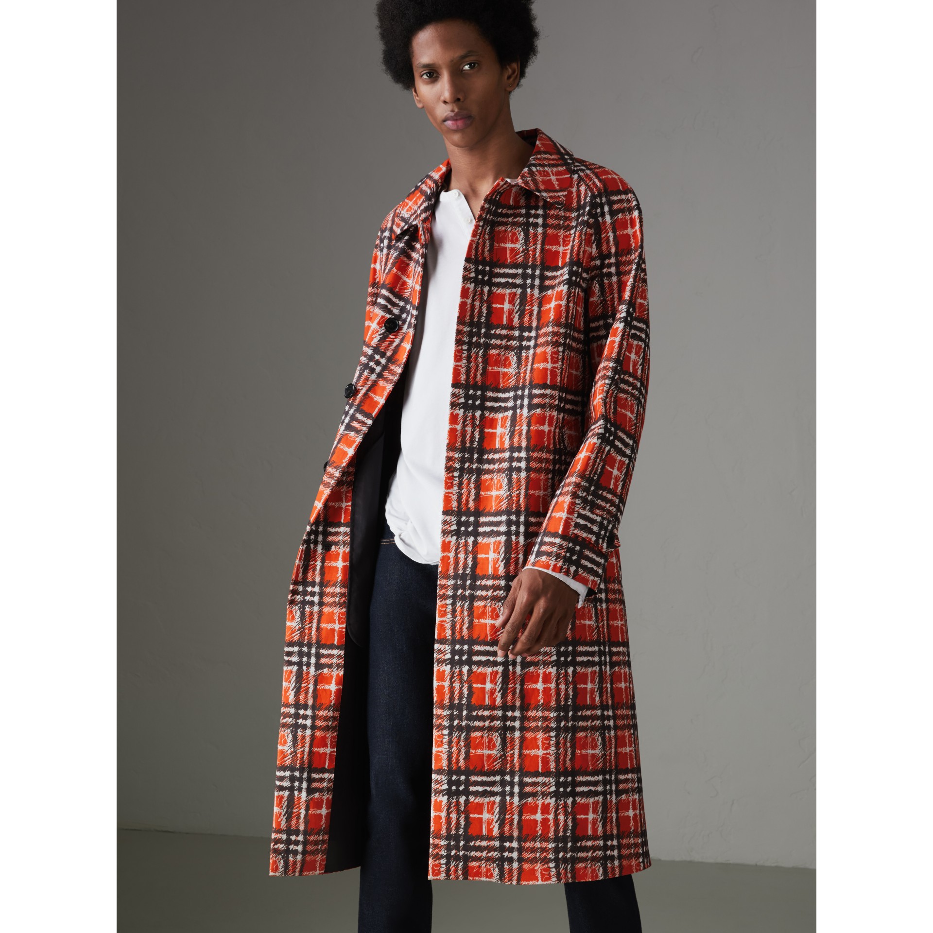 Scribble Check Cotton Car Coat in Bright Military Red - Men | Burberry ...
