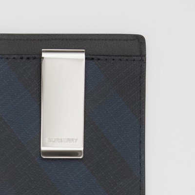 london check and leather money clip card case