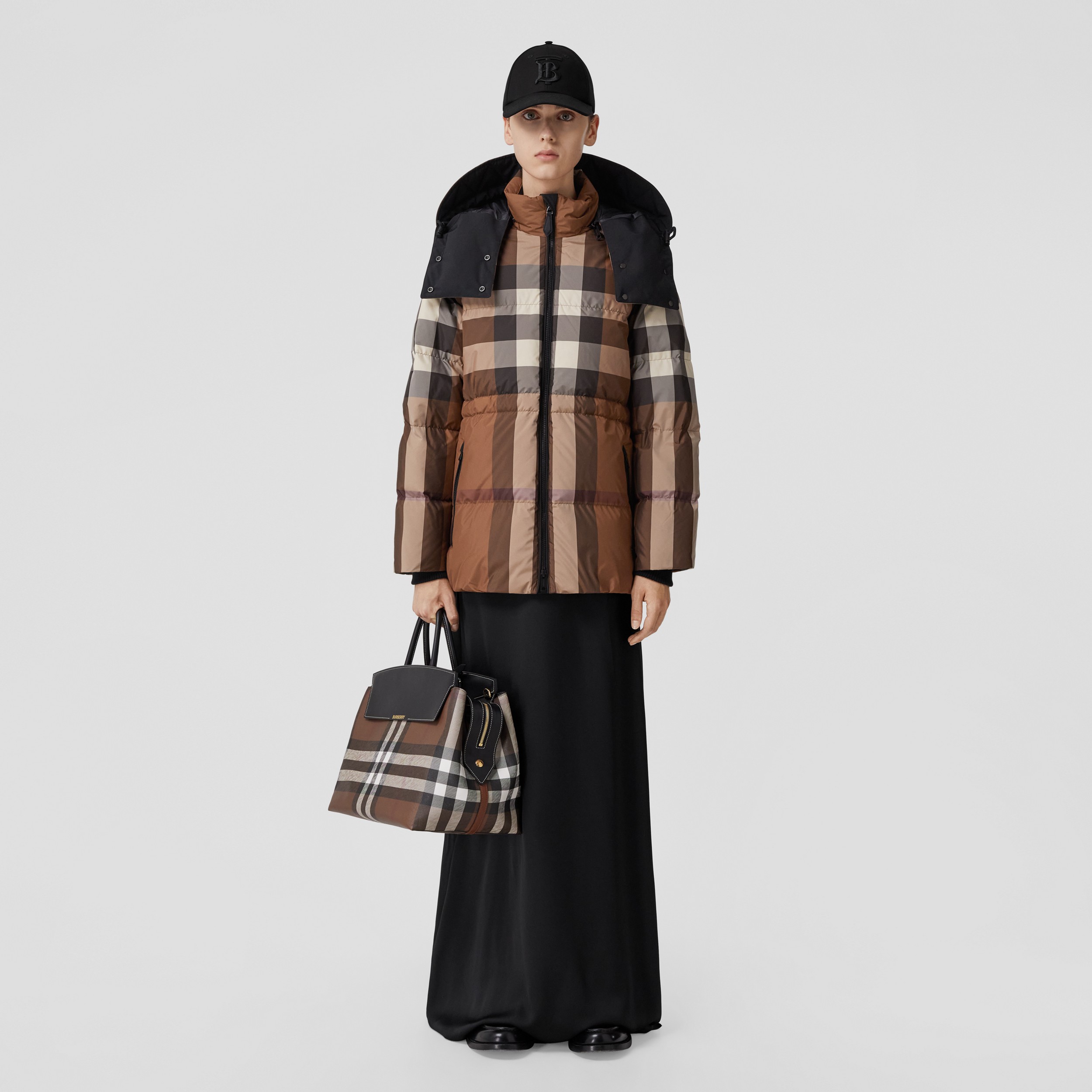 Detachable Hood Check Puffer Jacket in Dark Birch Brown - Women | Burberry® Official - 1