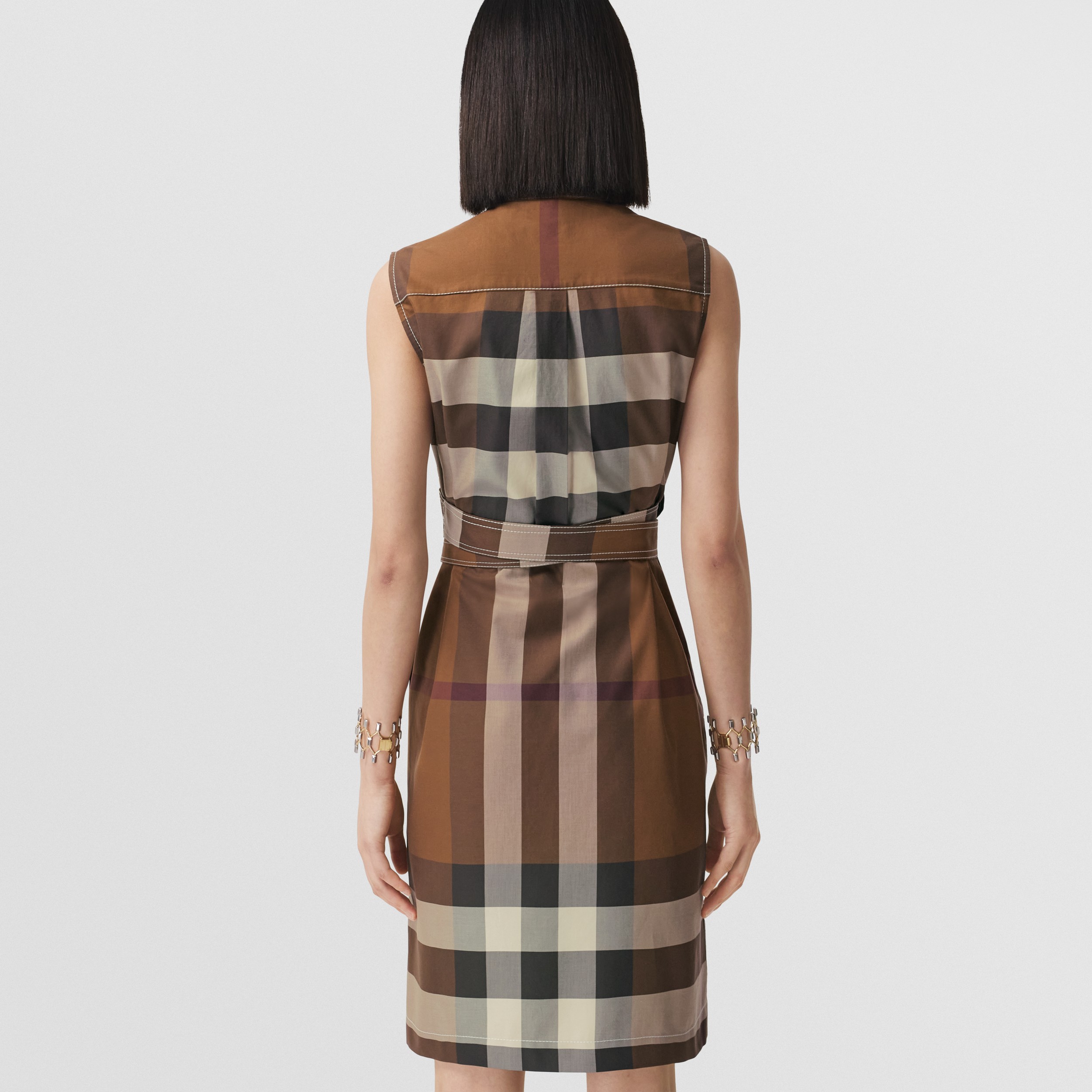 Sleeveless Exaggerated Check Cotton Shirt Dress in Dark Birch Brown - Women | Burberry® Official - 3