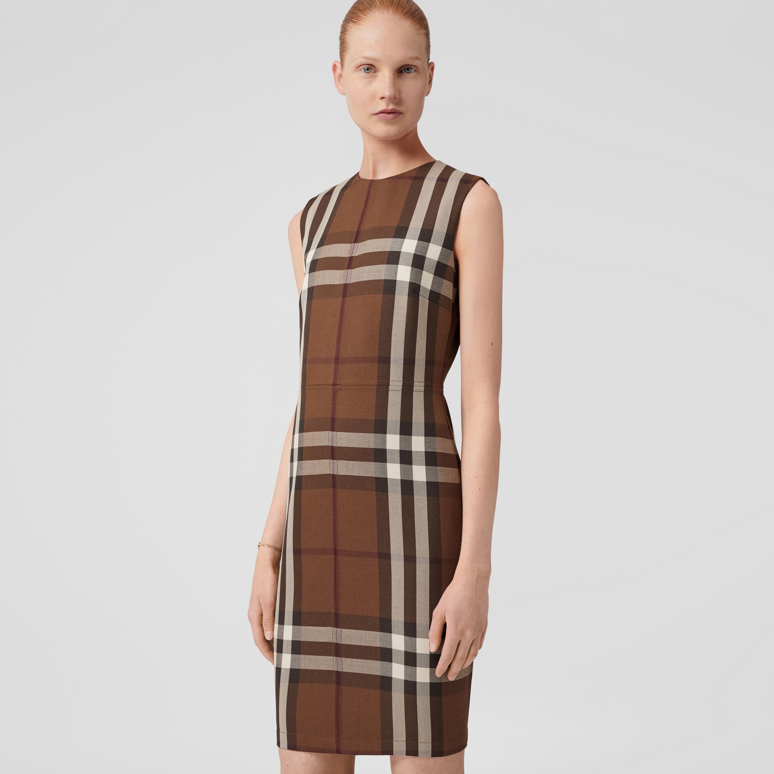 Sleeveless Check Wool Cotton Jacquard Dress in Dark Birch Brown - Women | Burberry® Official - 4