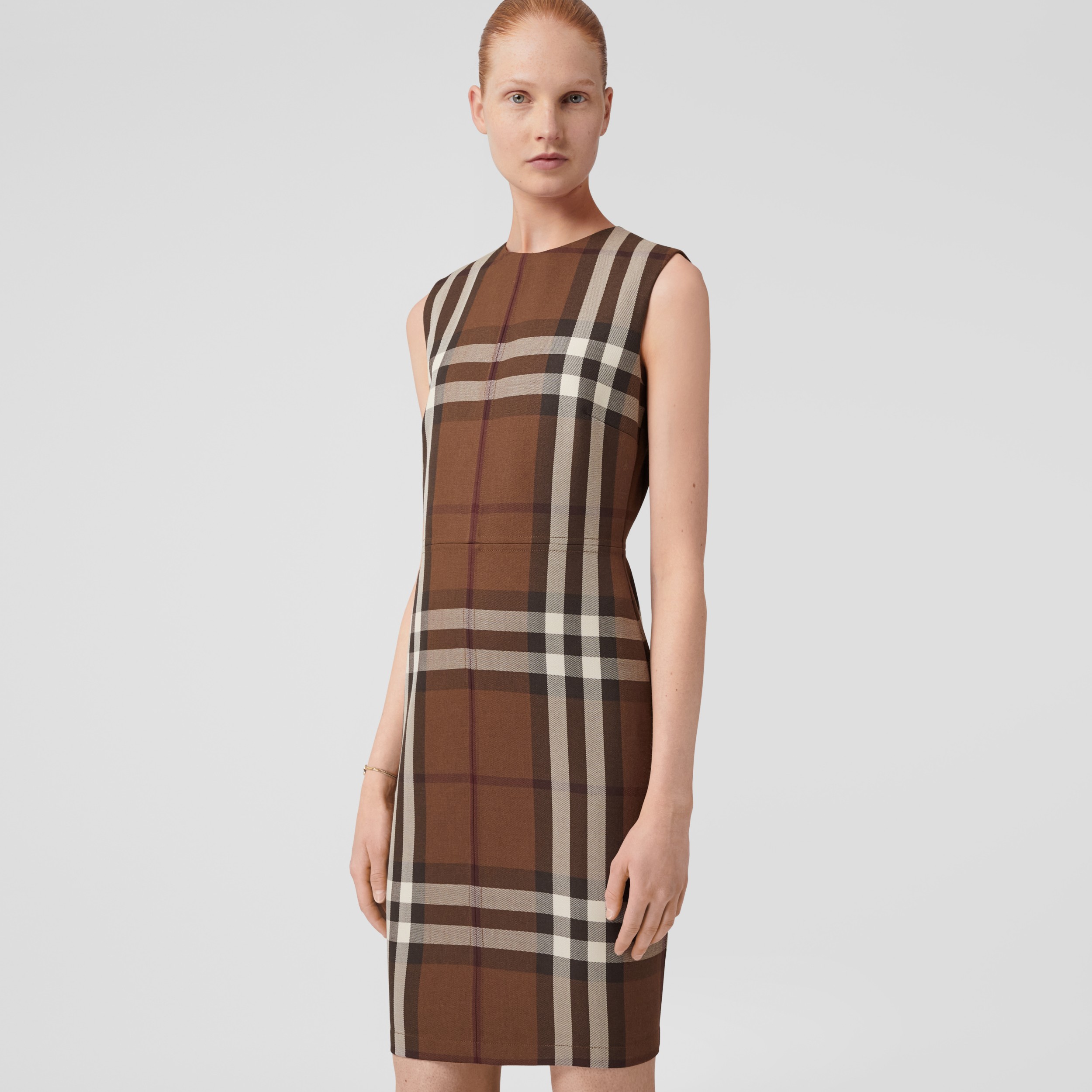 Sleeveless Check Wool Cotton Jacquard Dress in Dark Birch Brown - Women |  Burberry® Official