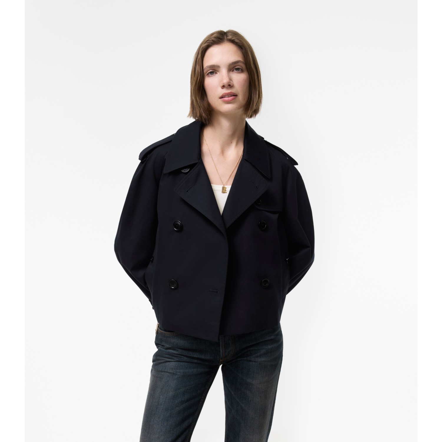 Cropped Gabardine Mayfair Trench Jacket in Coal blue - Women, Cotton Gabardine | Burberry® Official