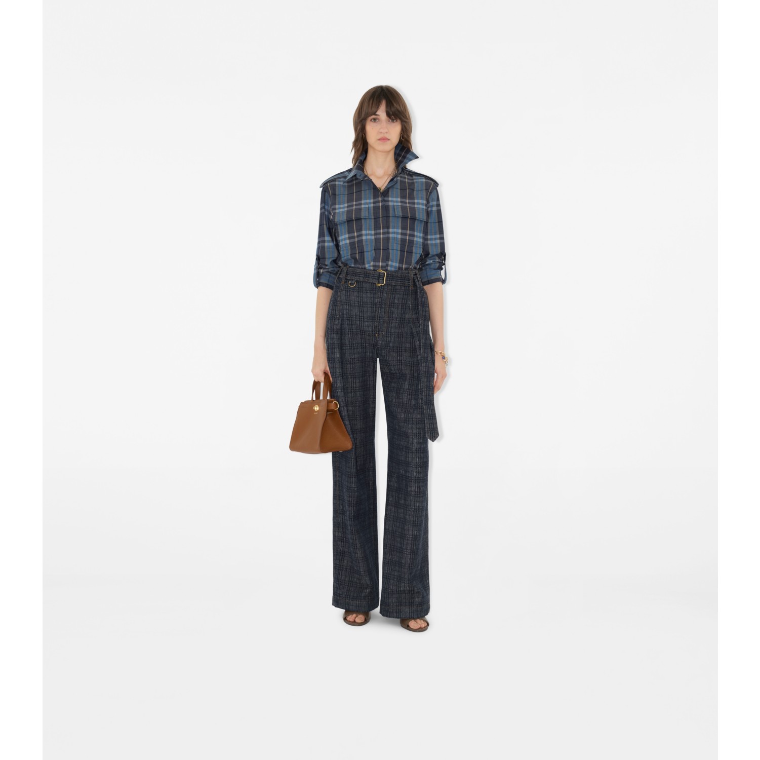 High Rise Wide Check Denim Jeans