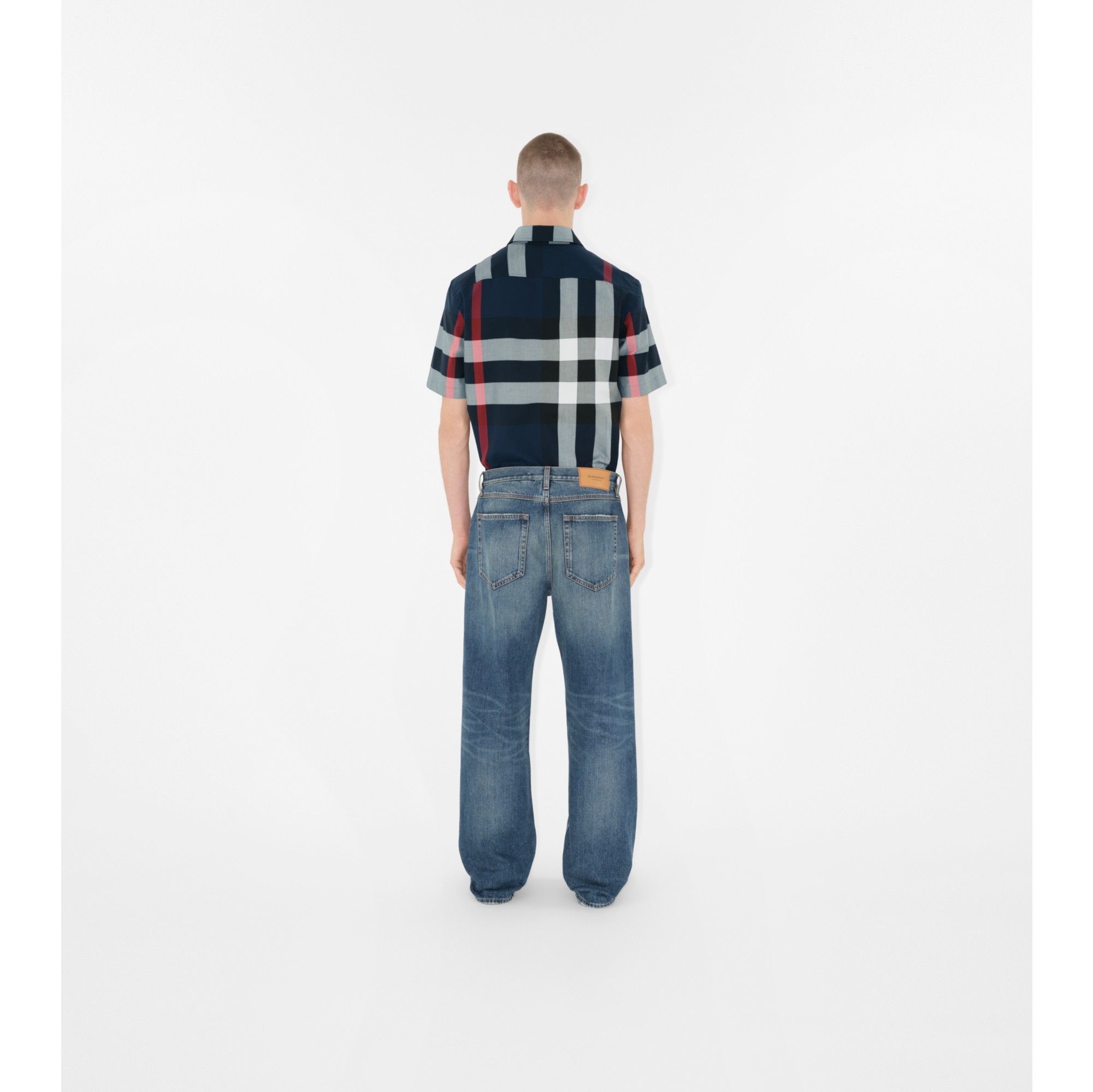 Slim Fit Check Cotton Shirt in Navy - Men