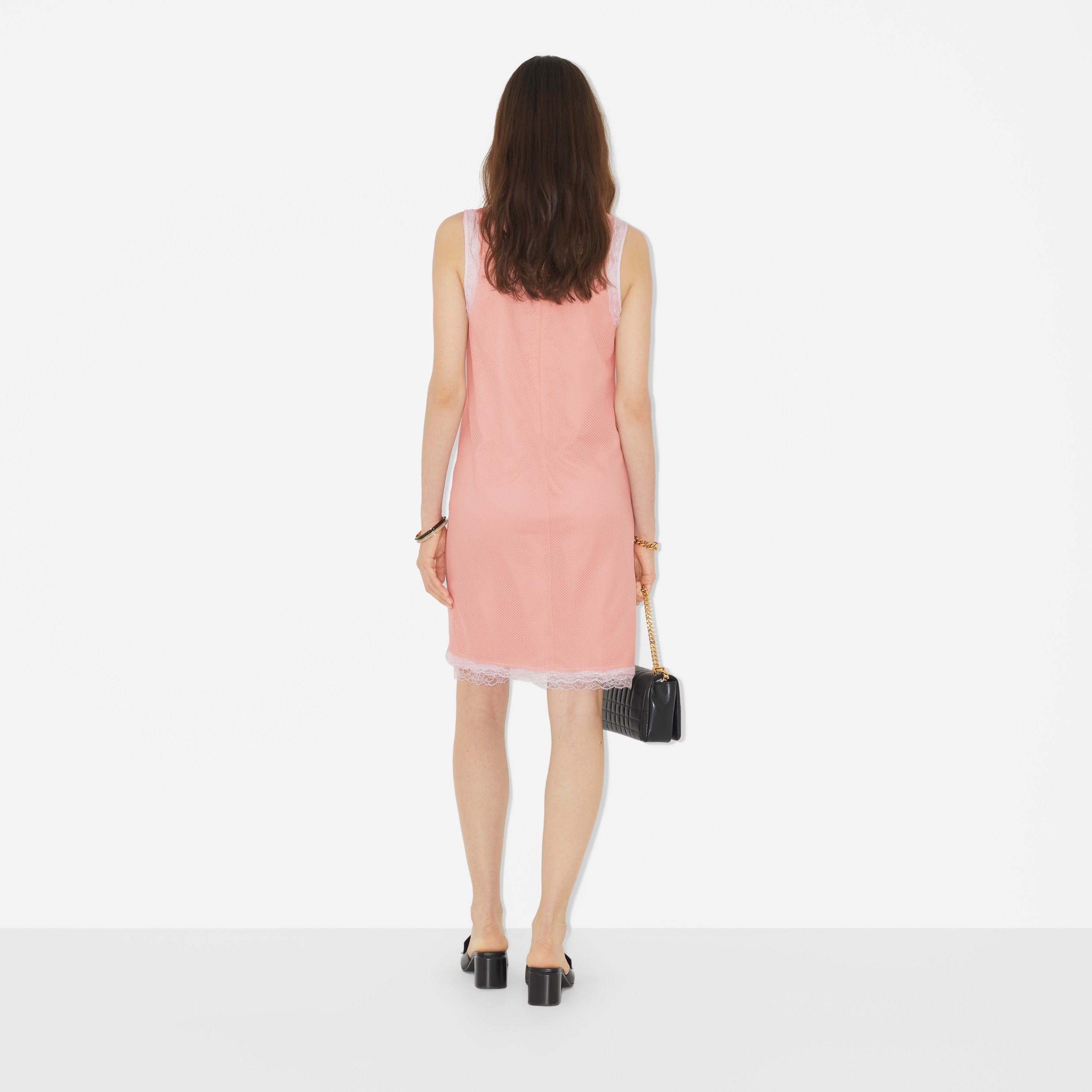 Sleeveless Lace Trim Mesh Dress in Sorbet Pink - Women | Burberry® Official - 4