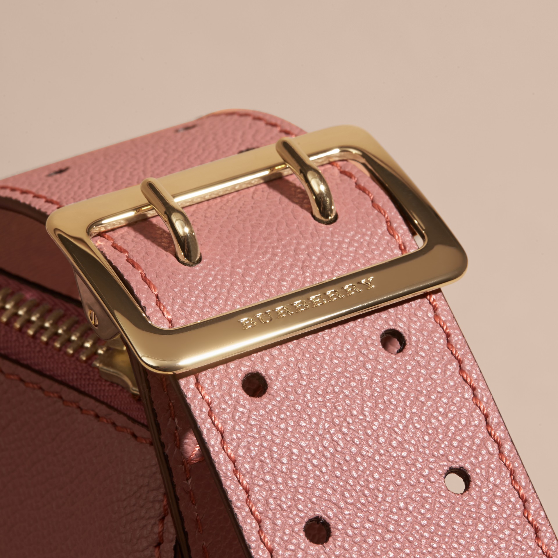 Buckle Detail Leather and House Check Crossbody Bag in Dusty Pink