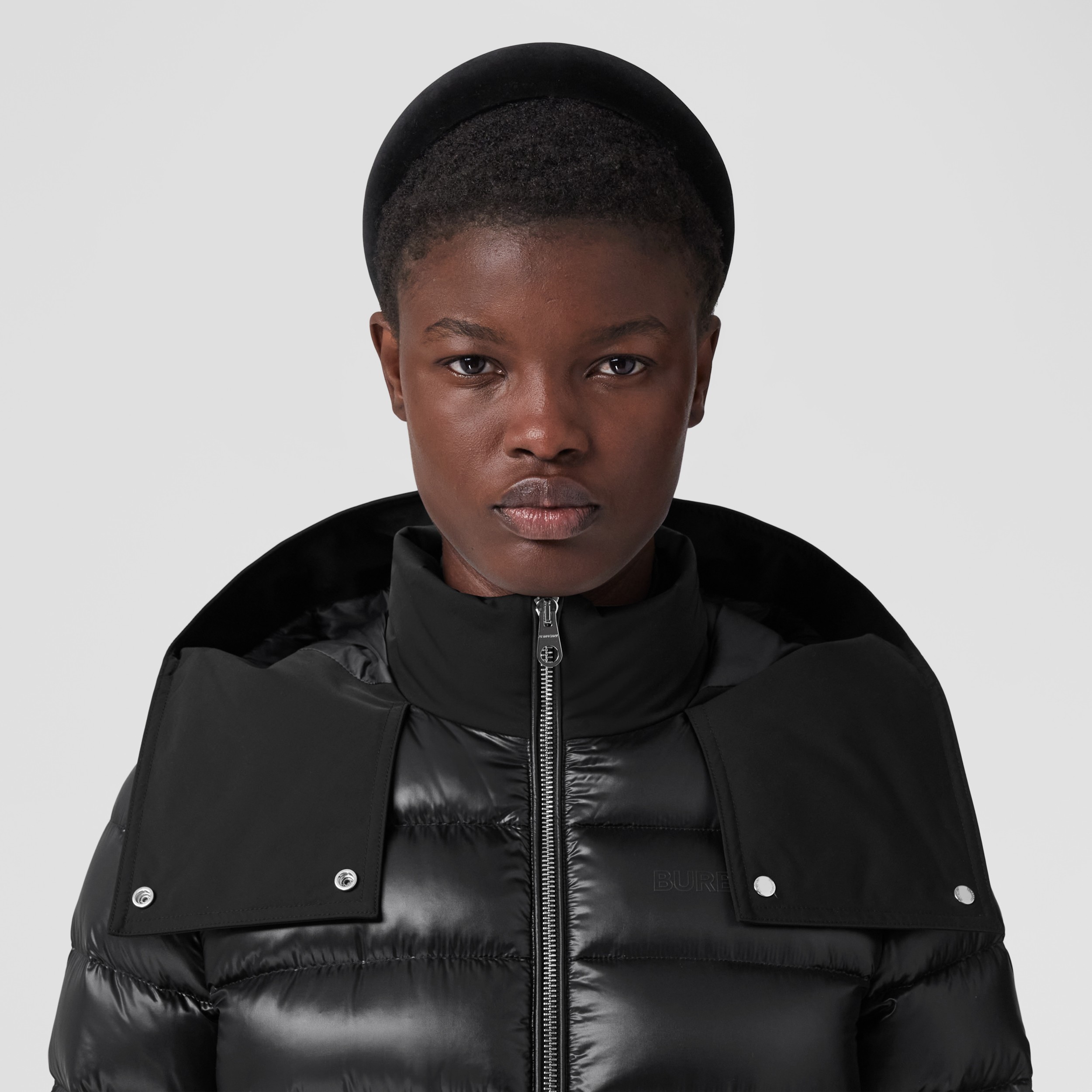 Contrast Hood Nylon Midlength Puffer Coat in Black Women Burberry® Official