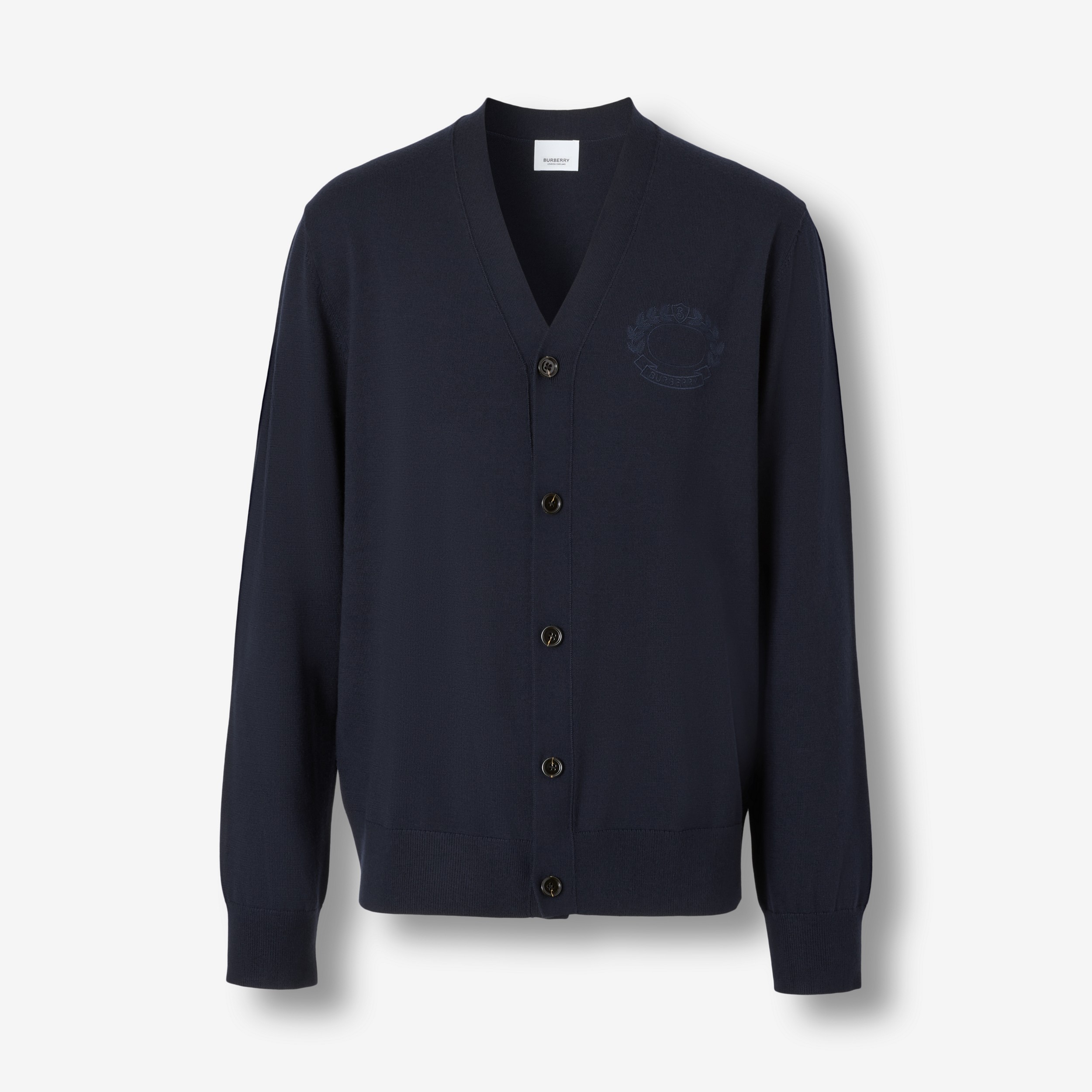 Embroidered Oak Leaf Crest Wool Cardigan in Smoked Navy - Men | Burberry® Official - 1
