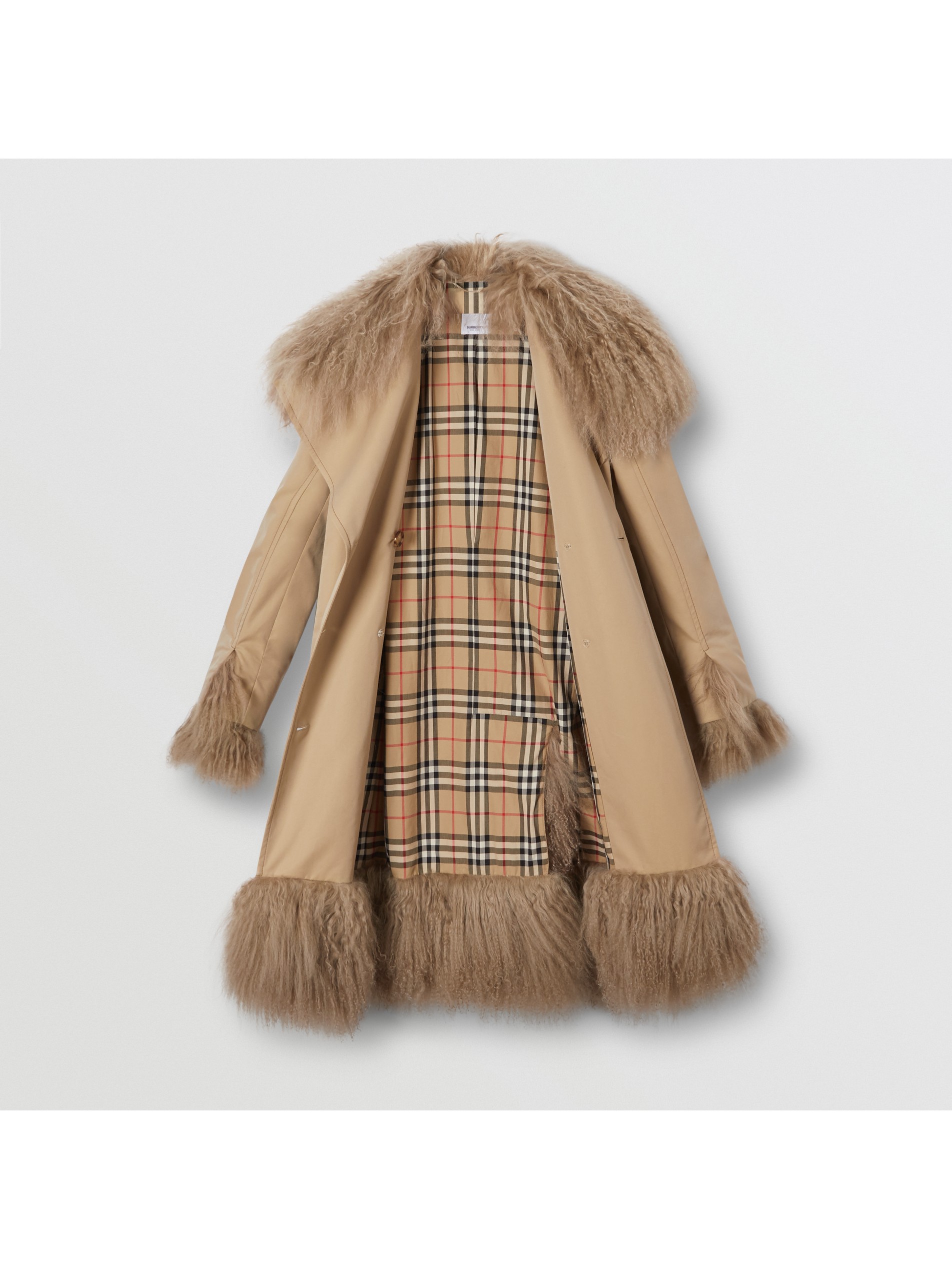 毛羊皮装饰棉质嘎巴甸束带 trench 风衣 (蜜色) - 女士 | burberry