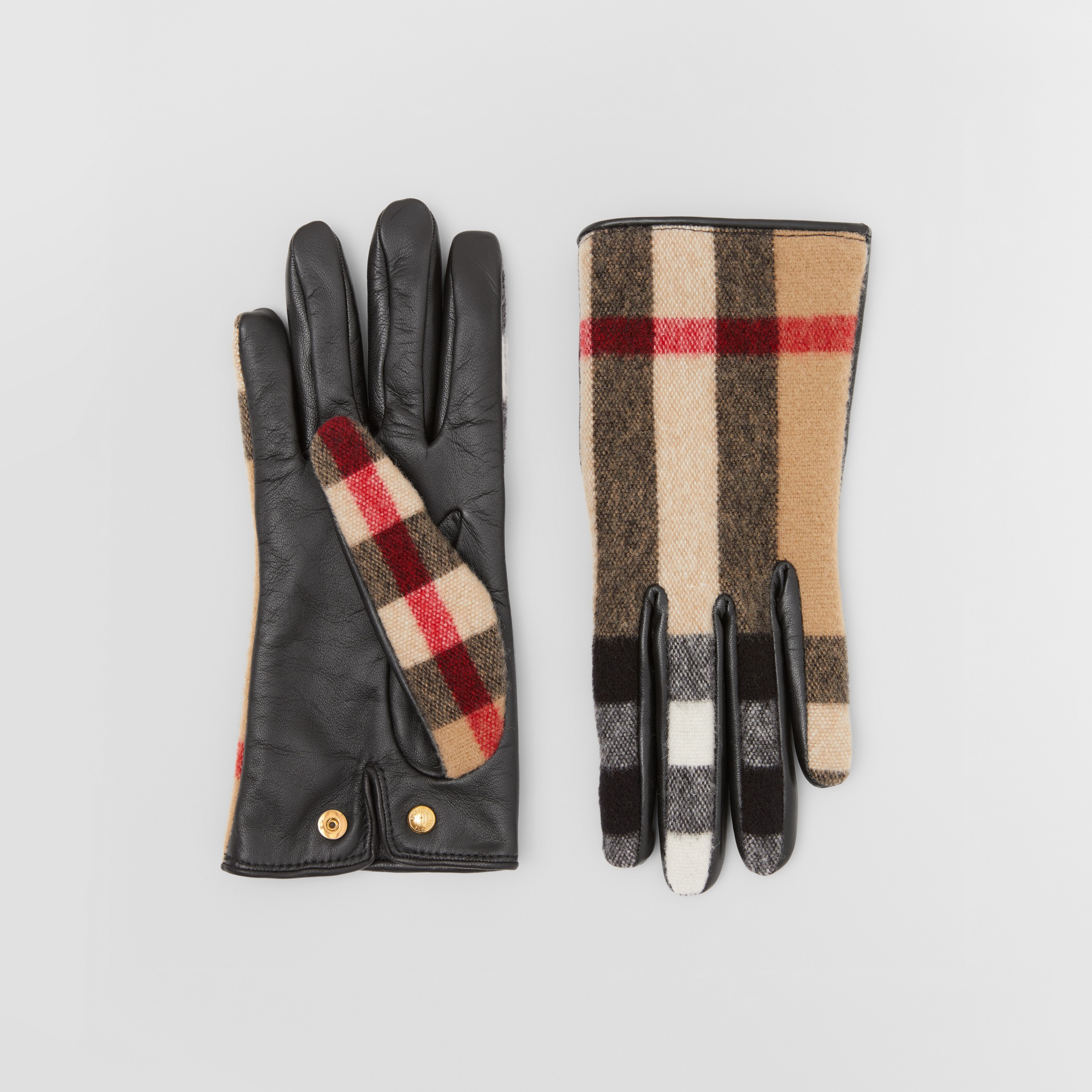 Exaggerated Check Wool and Leather Gloves in Archive Beige - Women | Burberry® Official - 1