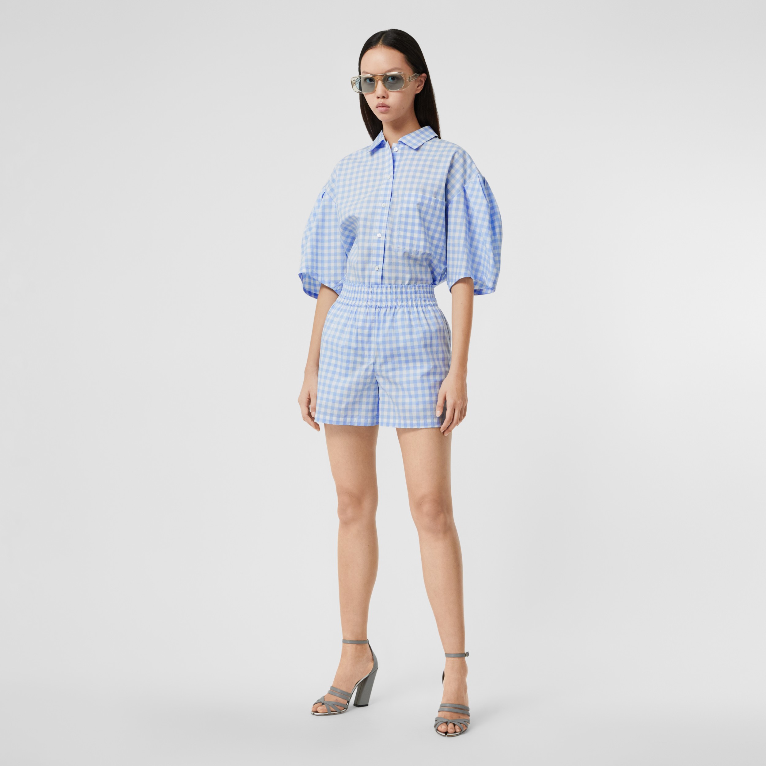 Gingham Cotton Shorts in Pale Blue - Women | Burberry