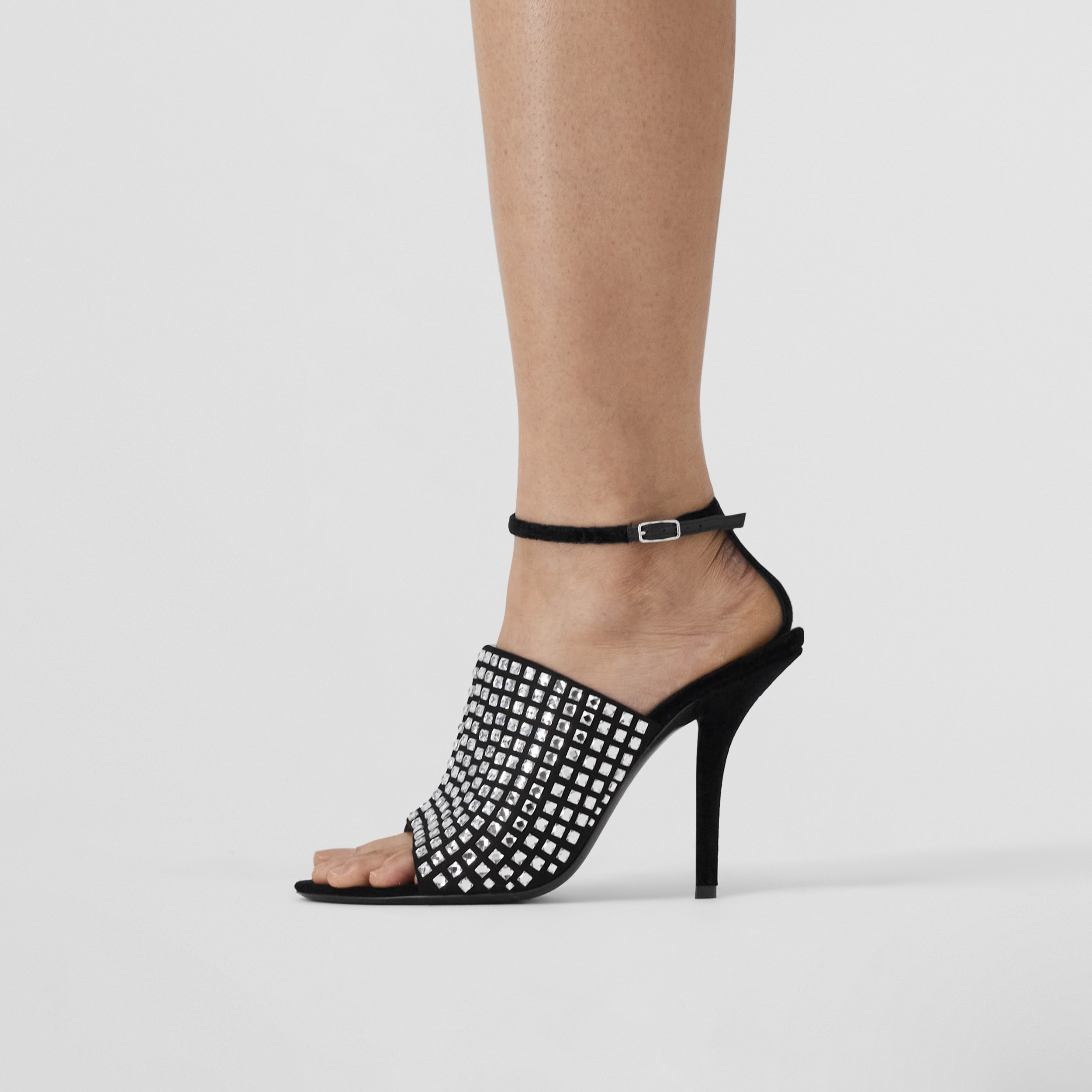 Sandalias en terciopelo con detalles de cristales y tacón de aguja (Negro/cristal) - Mujer | Burberry® oficial - 3