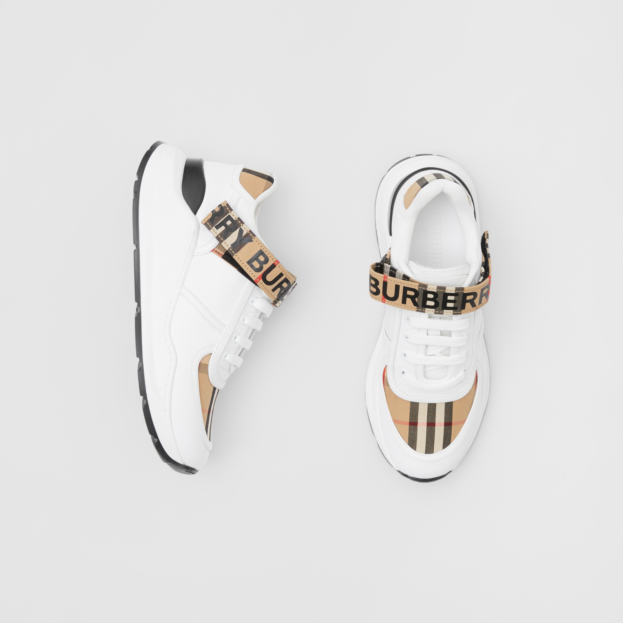 Logo Print Vintage Check and Leather Sneakers in Archive Beige - Women | Burberry Hong Kong S.A.R - 1