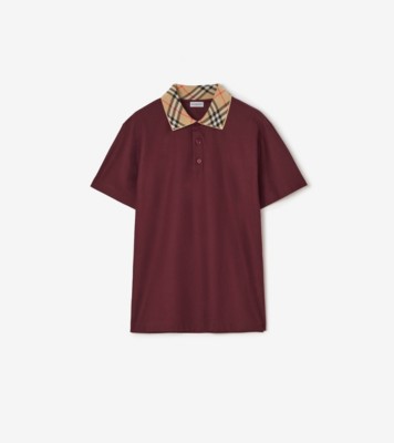 Check Collar Cotton Polo Shirt in Vineyard red - Men | Burberry