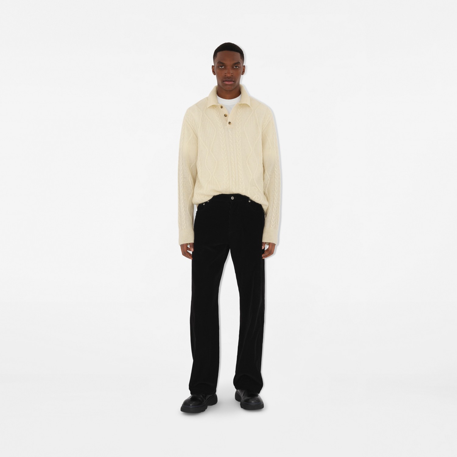Aran Wool Blend Polo Shirt in Snow - Men, Alpaca | Burberry Aran Wool Blend Polo Shirt in Snow - Men, Alpaca | Burberry