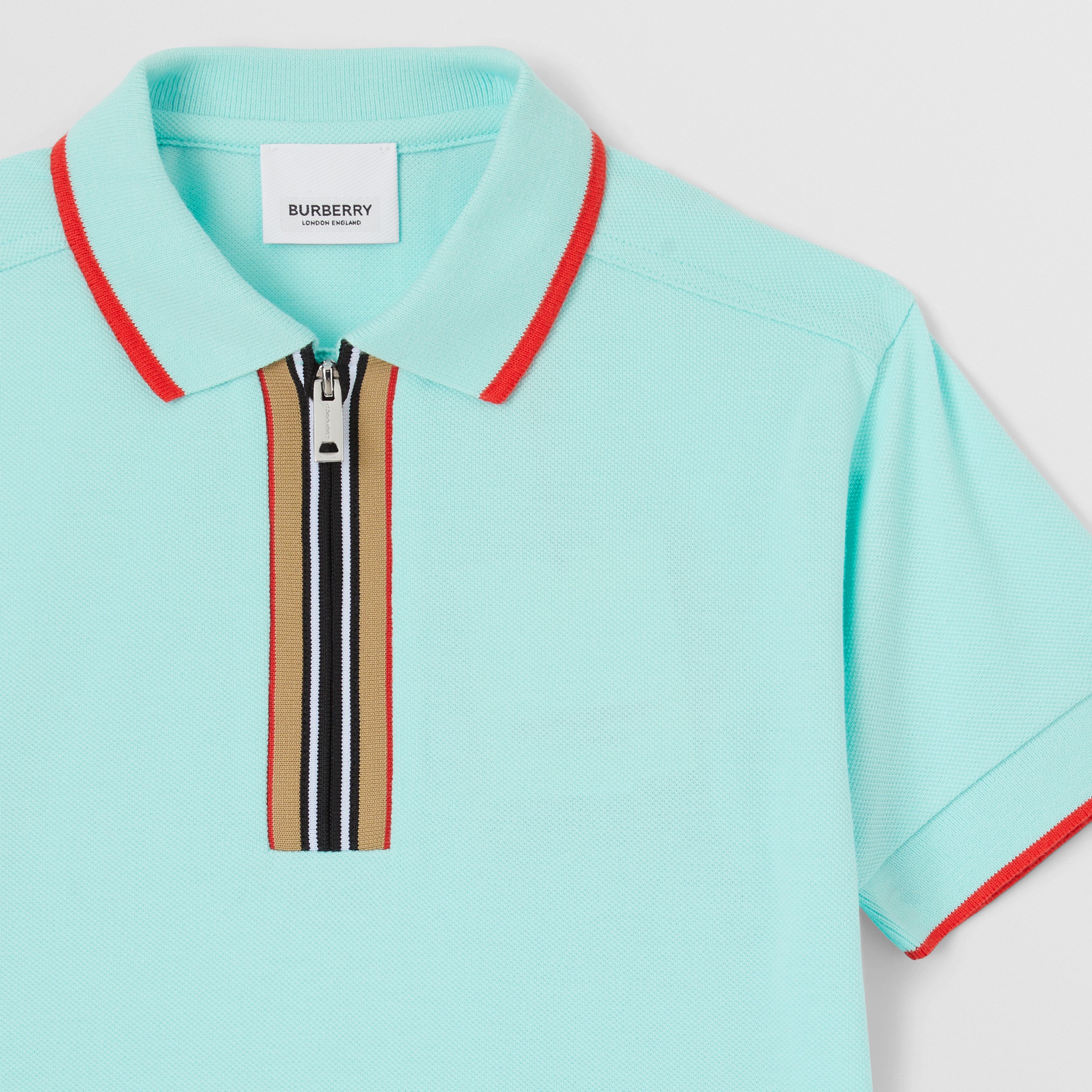 Icon Stripe Detail Cotton Zip-front Polo Shirt in Light Aqua Blue | Burberry® Official - 4