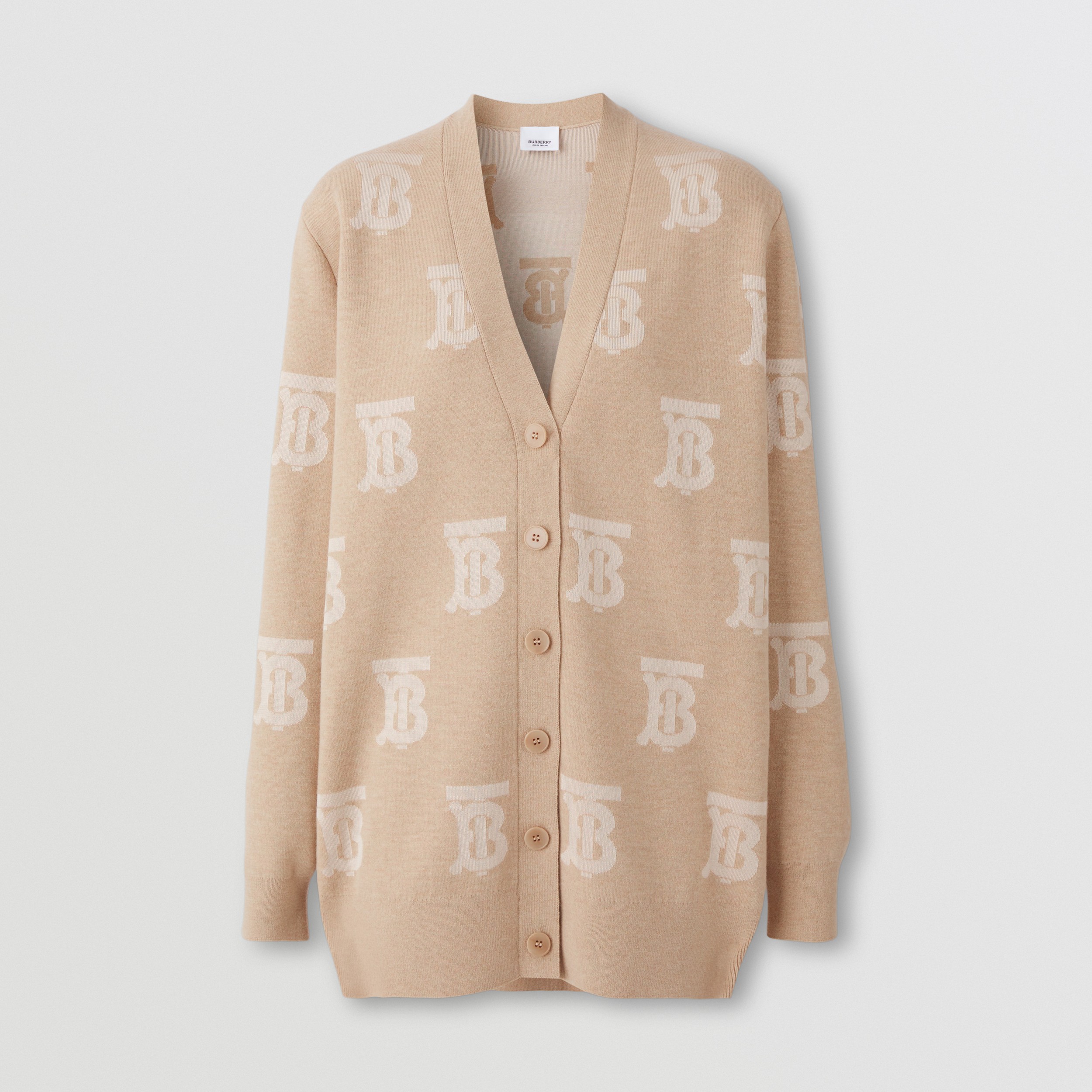 Monogram Wool Silk Blend Oversized Cardigan in Light Camel - Women | Burberry® Official - 4