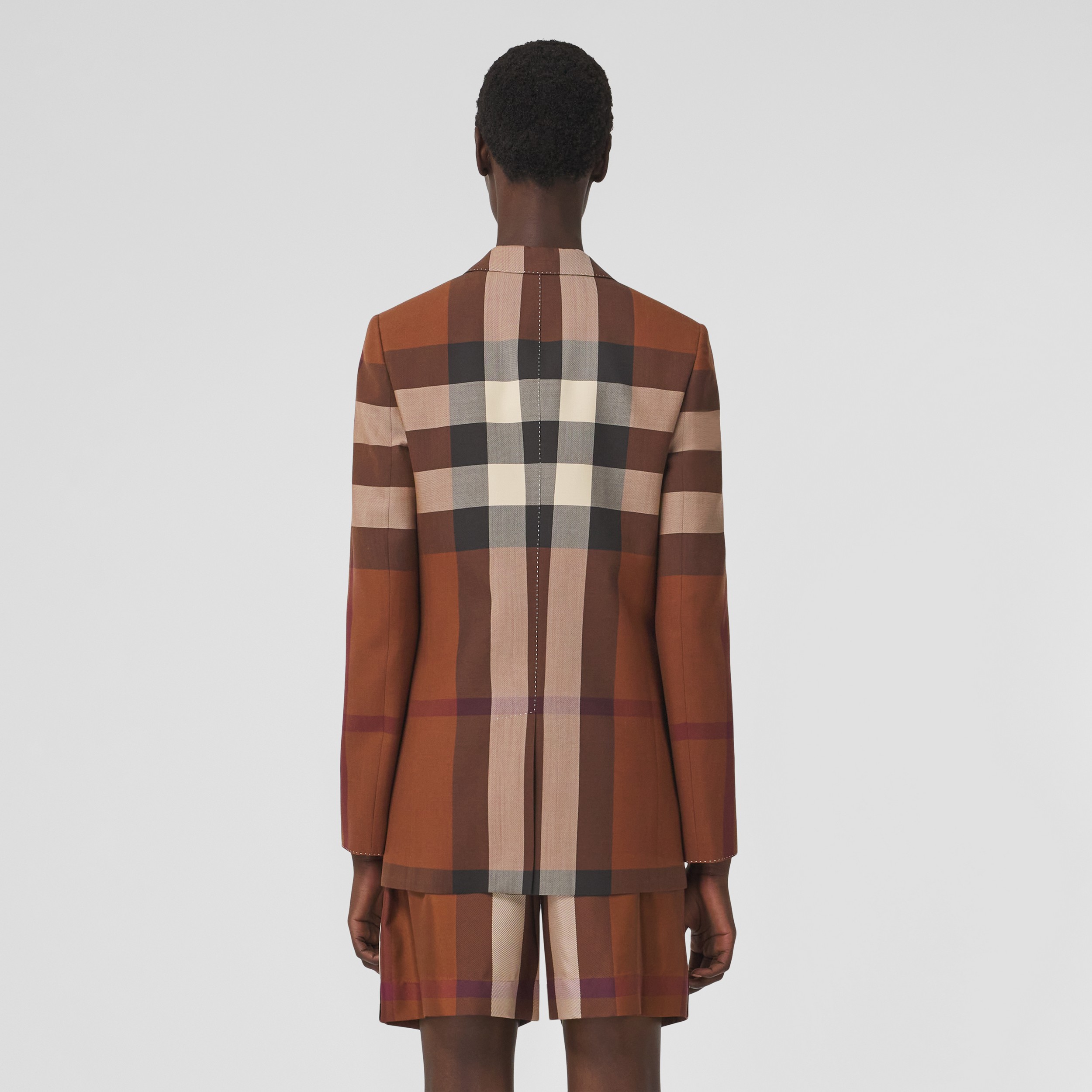 Exaggerated Check Wool Tailored Jacket in Dark Birch Brown - Women 